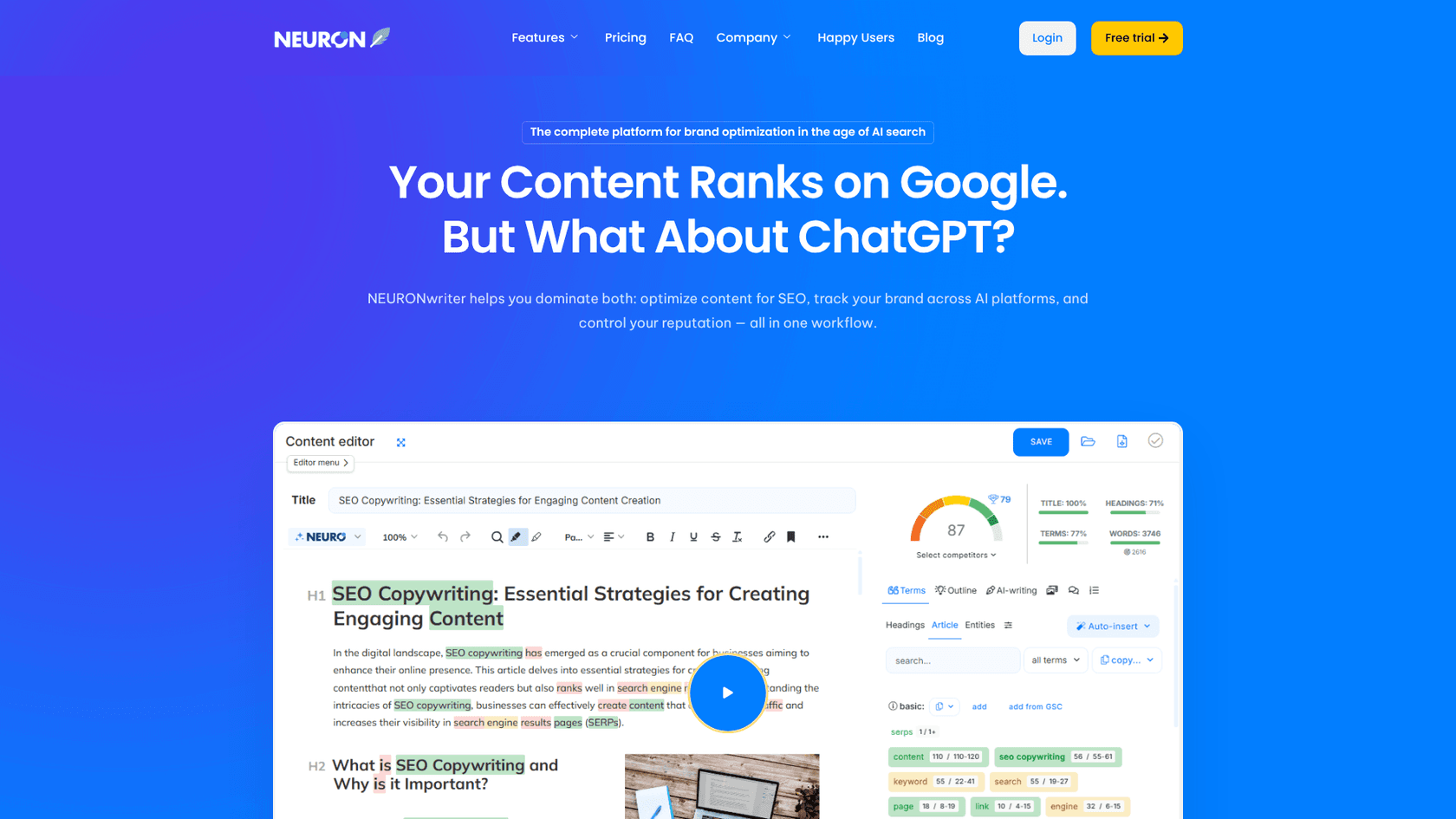 A screenshot of the NeuronWriter homepage, a value-for-money Outranking alternative that focuses on NLP-driven content optimization.
