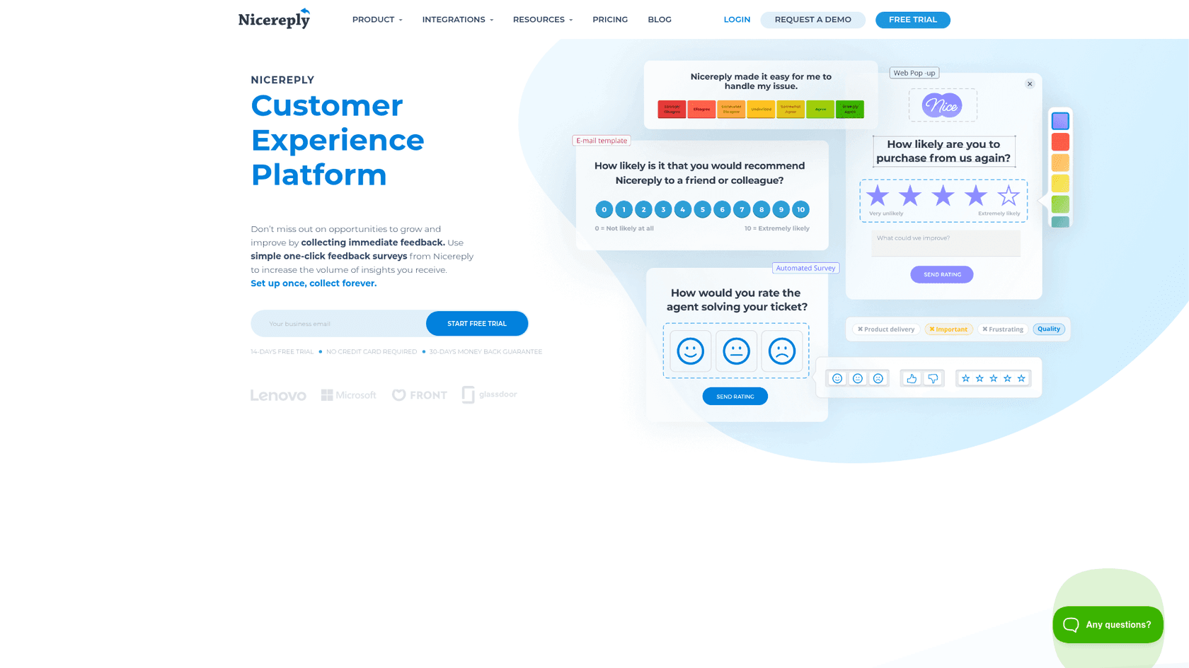Nicereply landing page showcasing customer satisfaction survey features