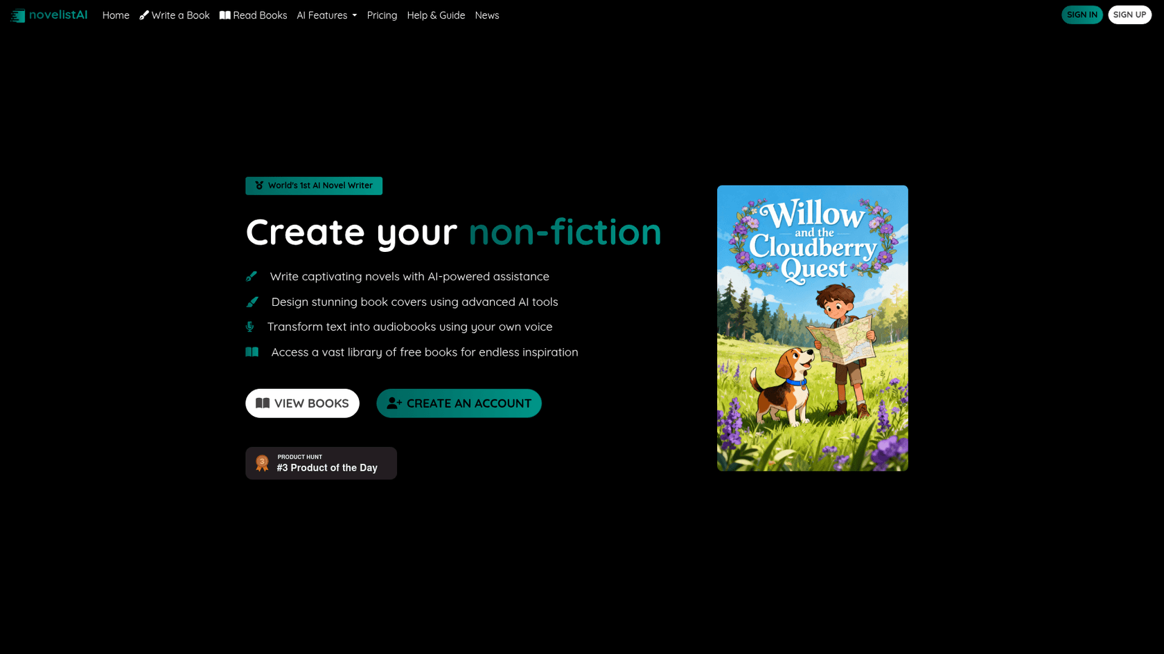 A screenshot of the NovelistAI website, an all-in-one AI novel writing software.