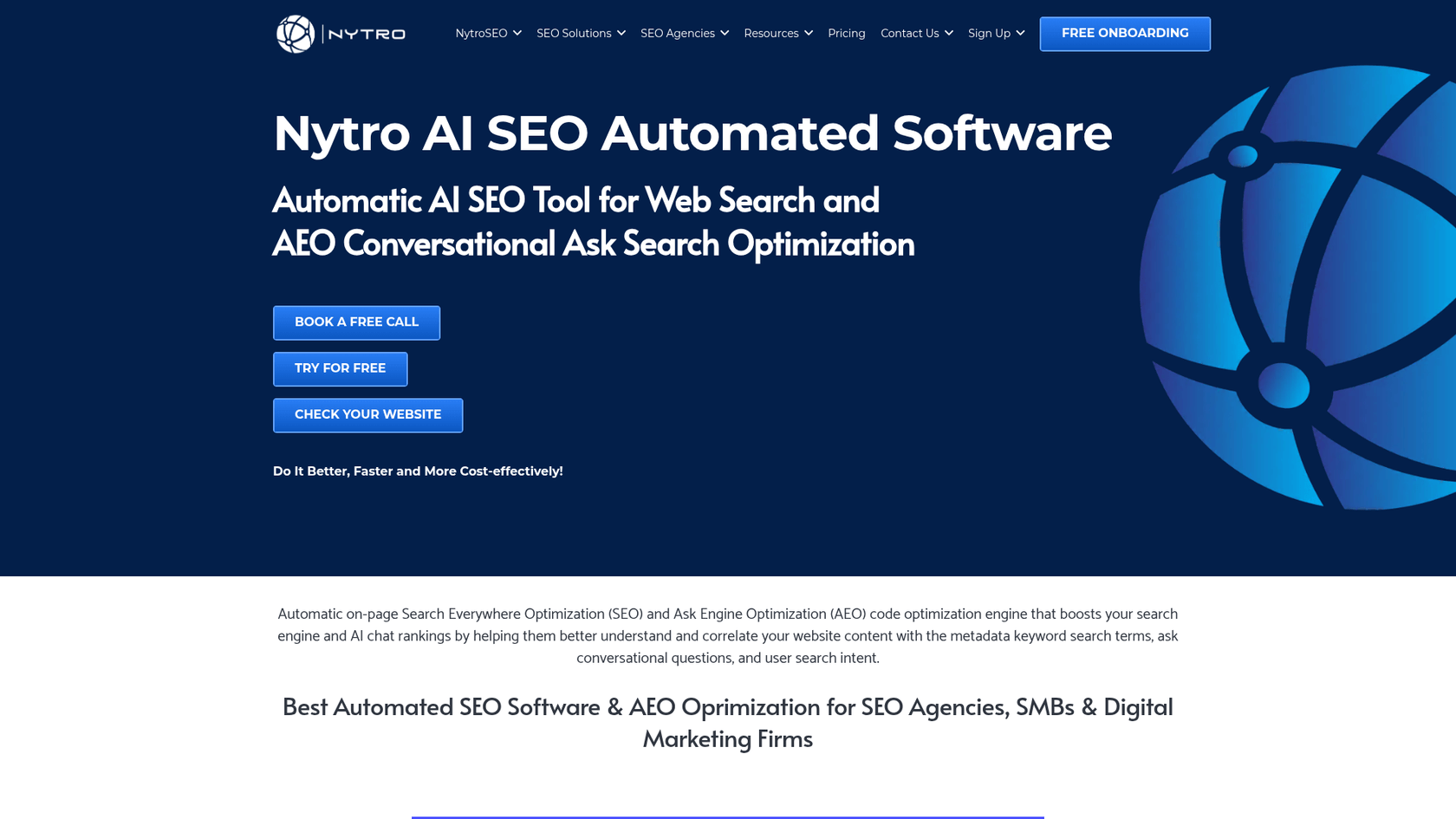 メタタグ最適化のための特化型AIエージェントツール、NytroSEOのホームページのスクリーンショット。