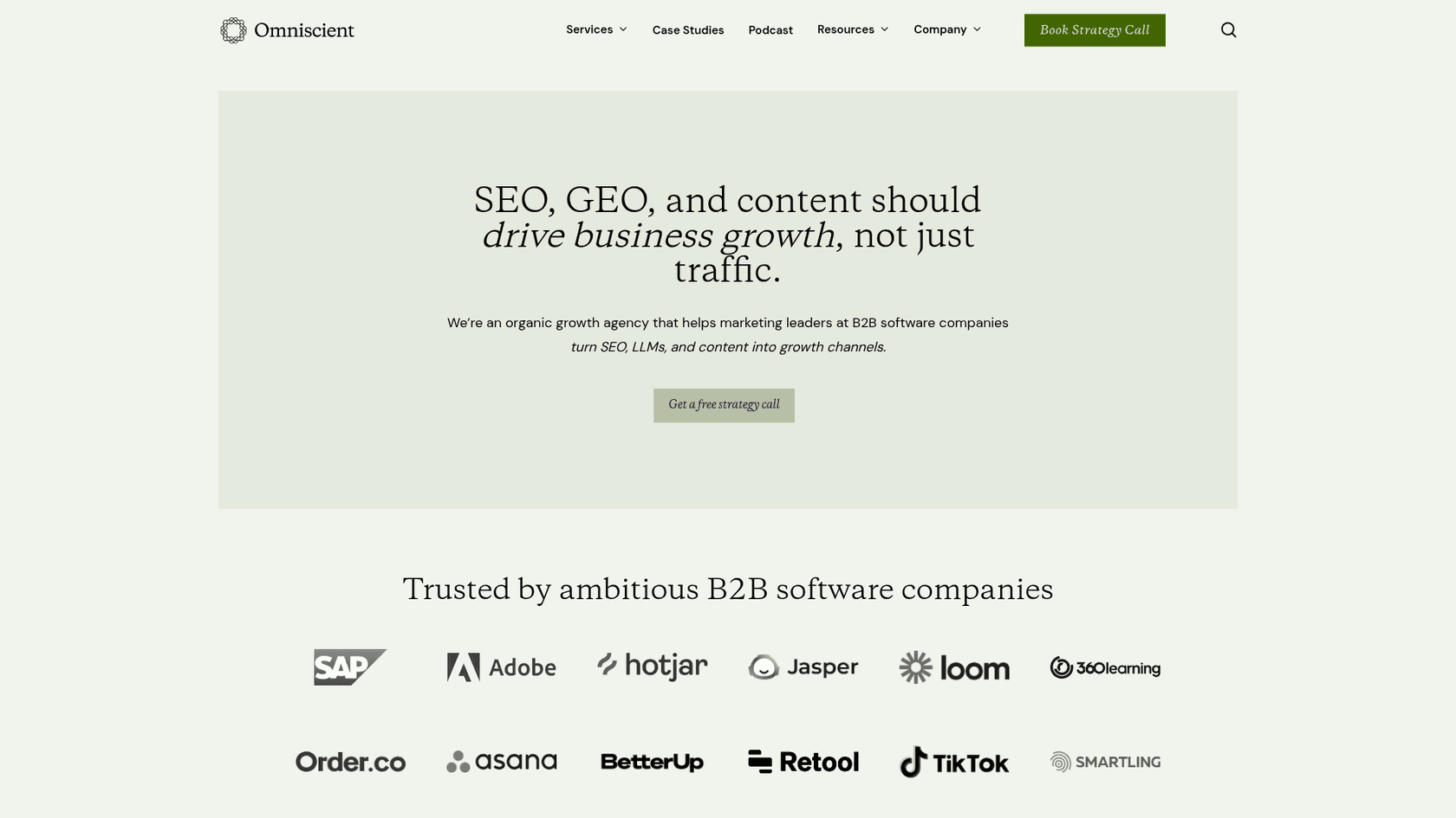 Ein Screenshot der Homepage von Omniscient Digital, einem KI-SEO-Unternehmen mit Fokus auf umsatzorientiertes Wachstum.