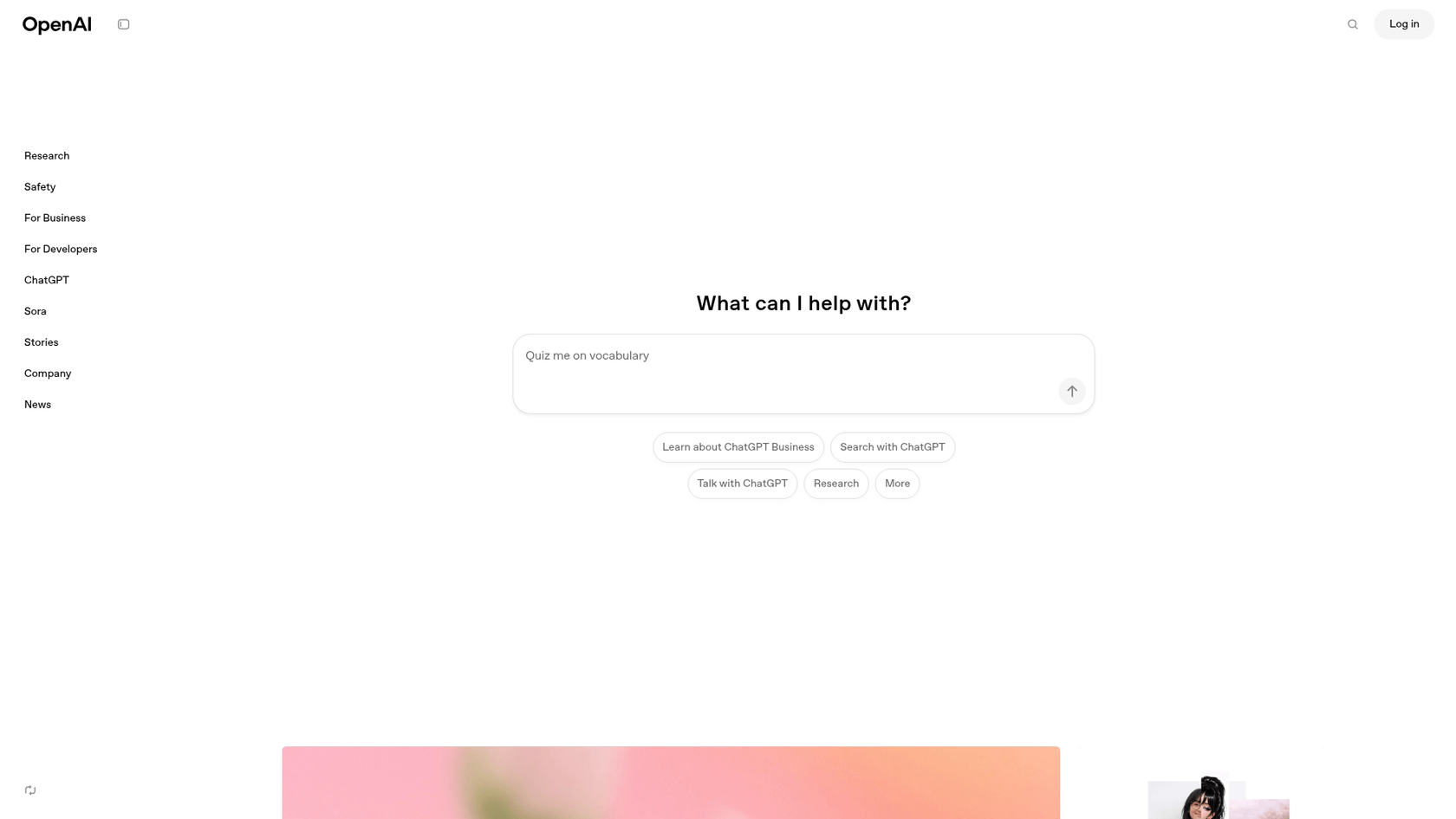 A screenshot of the ChatGPT website, a key tool in the ChatGPT vs Surfer SEO comparison for content creation.