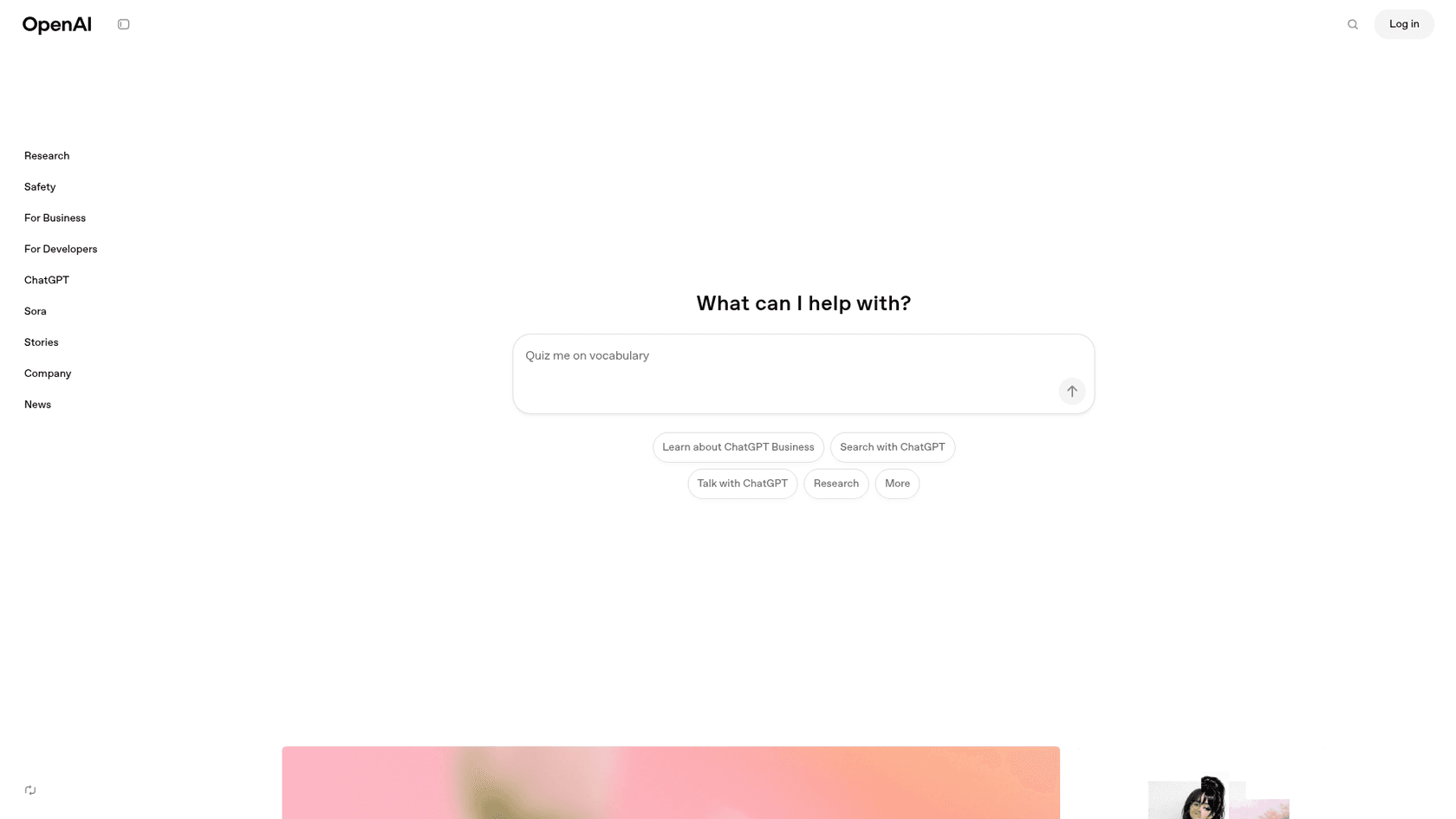 A screenshot of the OpenAI ChatGPT landing page, a popular choice when considering Gemini vs. ChatGPT for blogs.
