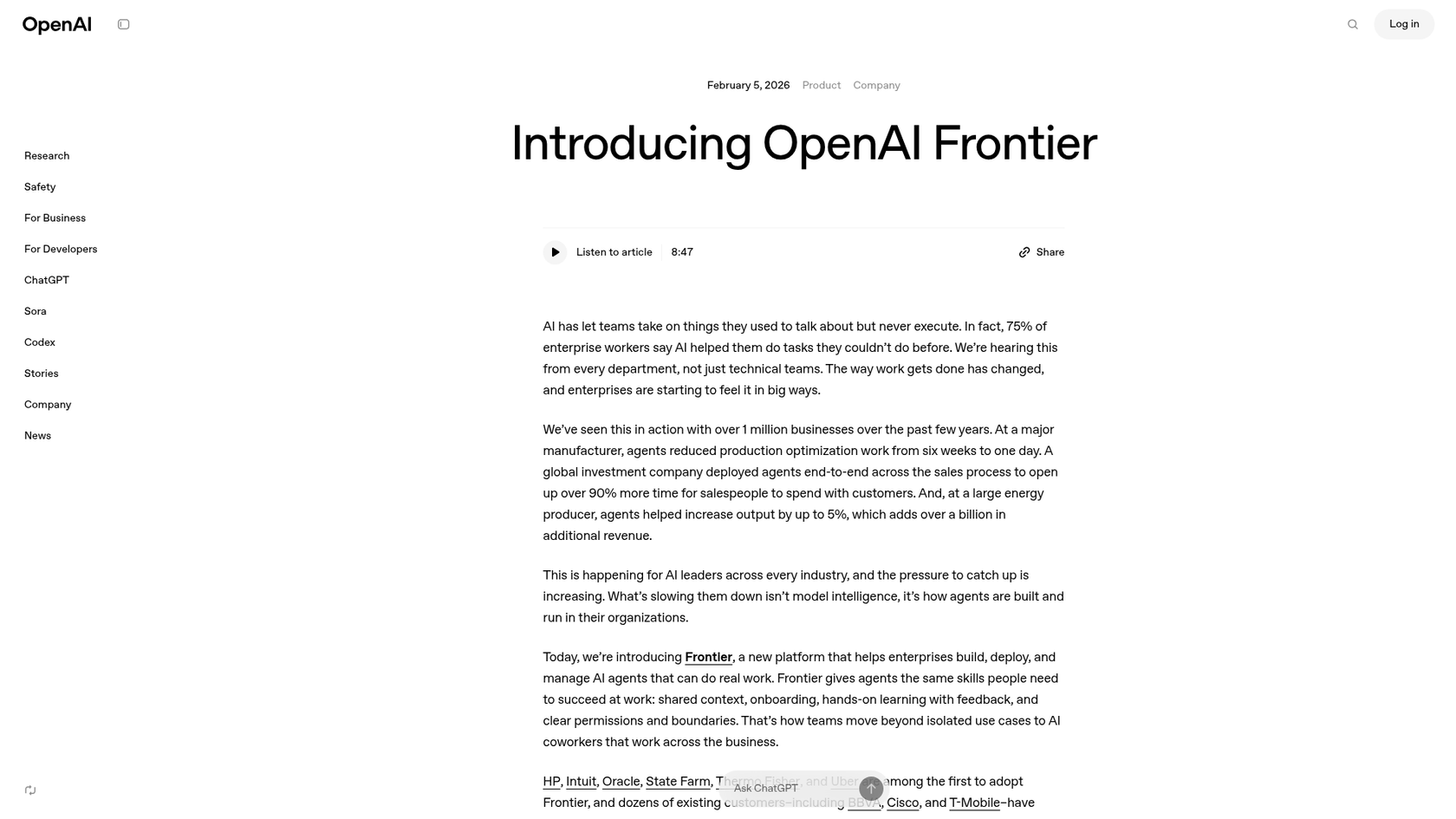 A screenshot of the OpenAI Frontier landing page, as part of an OpenAI Frontier review.