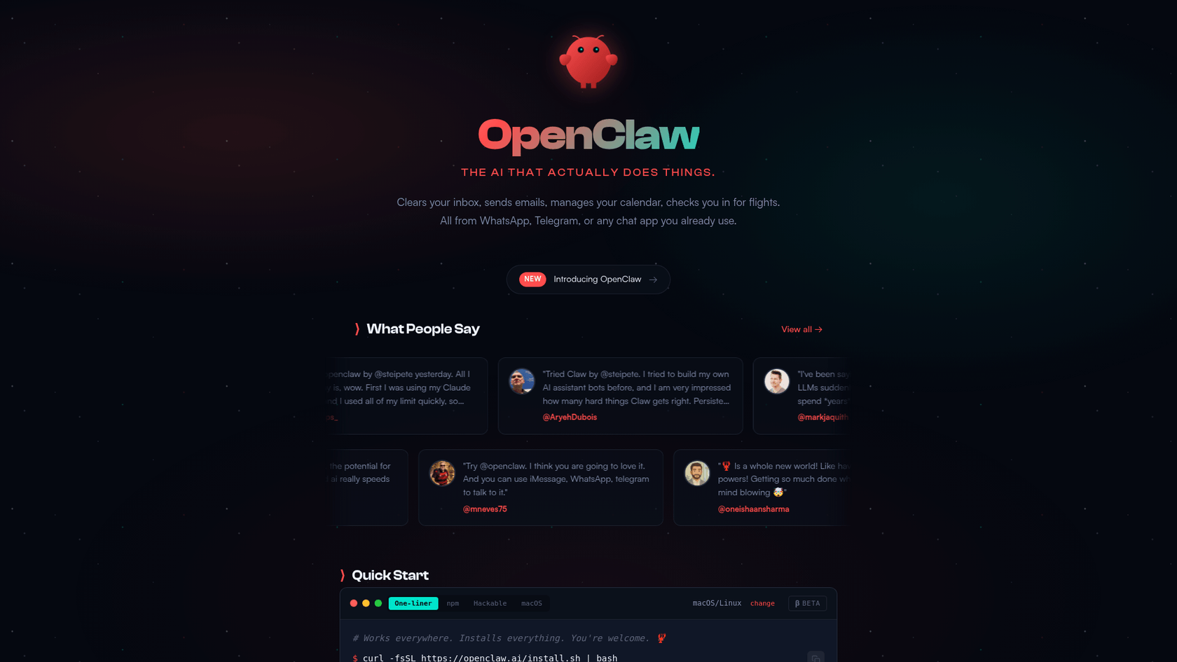 Une capture d'écran du site Web d'OpenClaw, l'assistant IA personnel auto-hébergé également connu sous le nom de Clawd Bot.