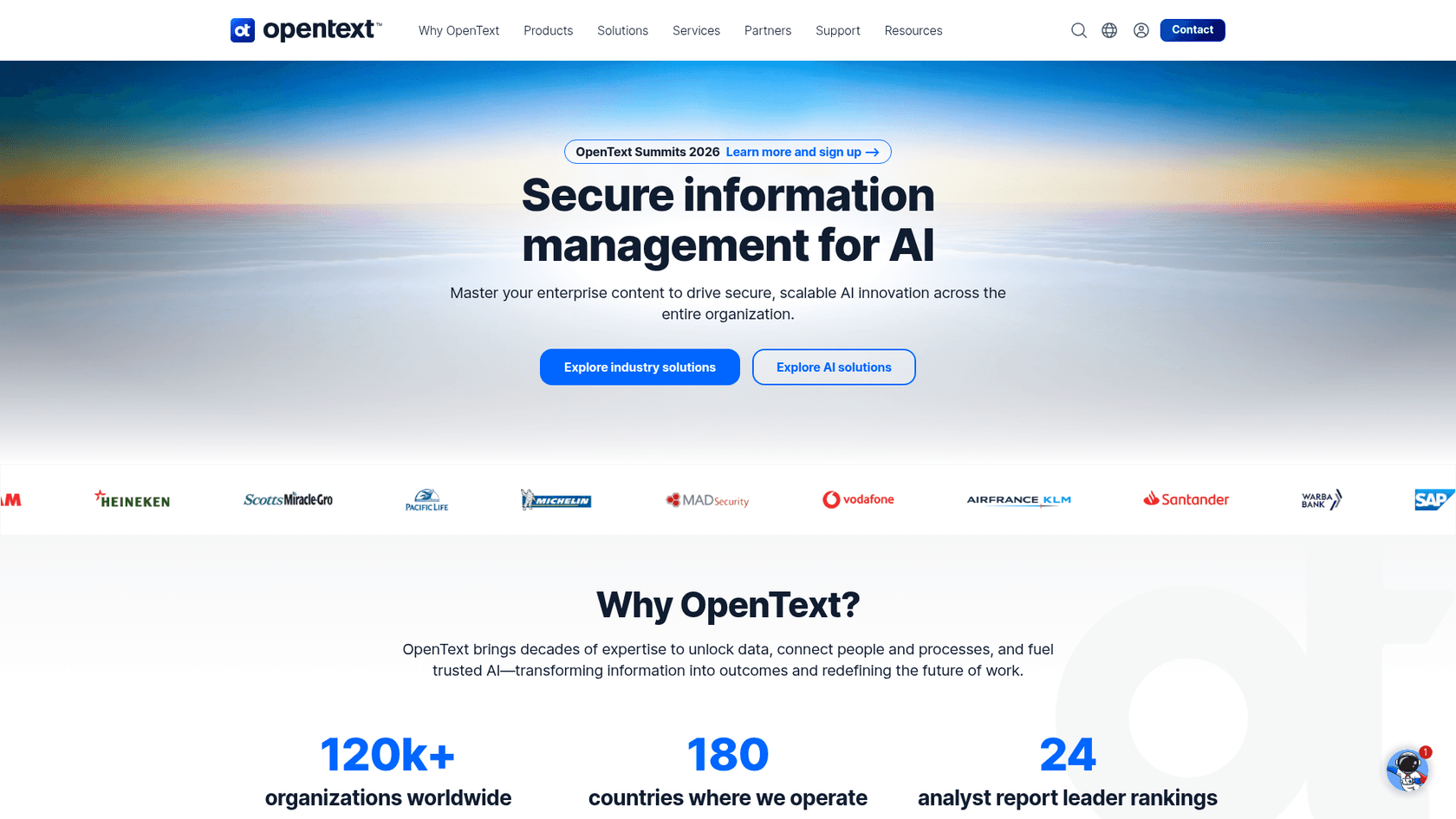 A screenshot of the OpenText website homepage, a solution for internal AI content management and knowledge discovery.