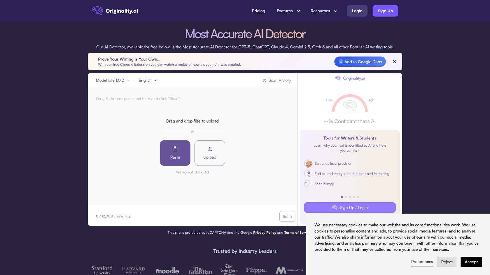 A screenshot of the Originality.ai landing page, a comprehensive software to detect AI writing and plagiarism for publishers.