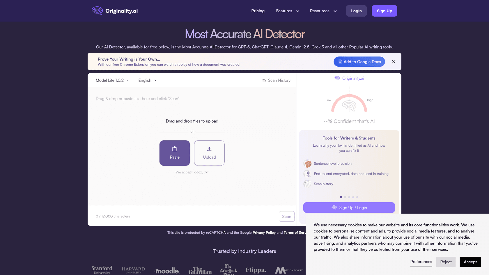 A screenshot of the Originality.ai homepage, a tool for any AI blog writer quality checklist.