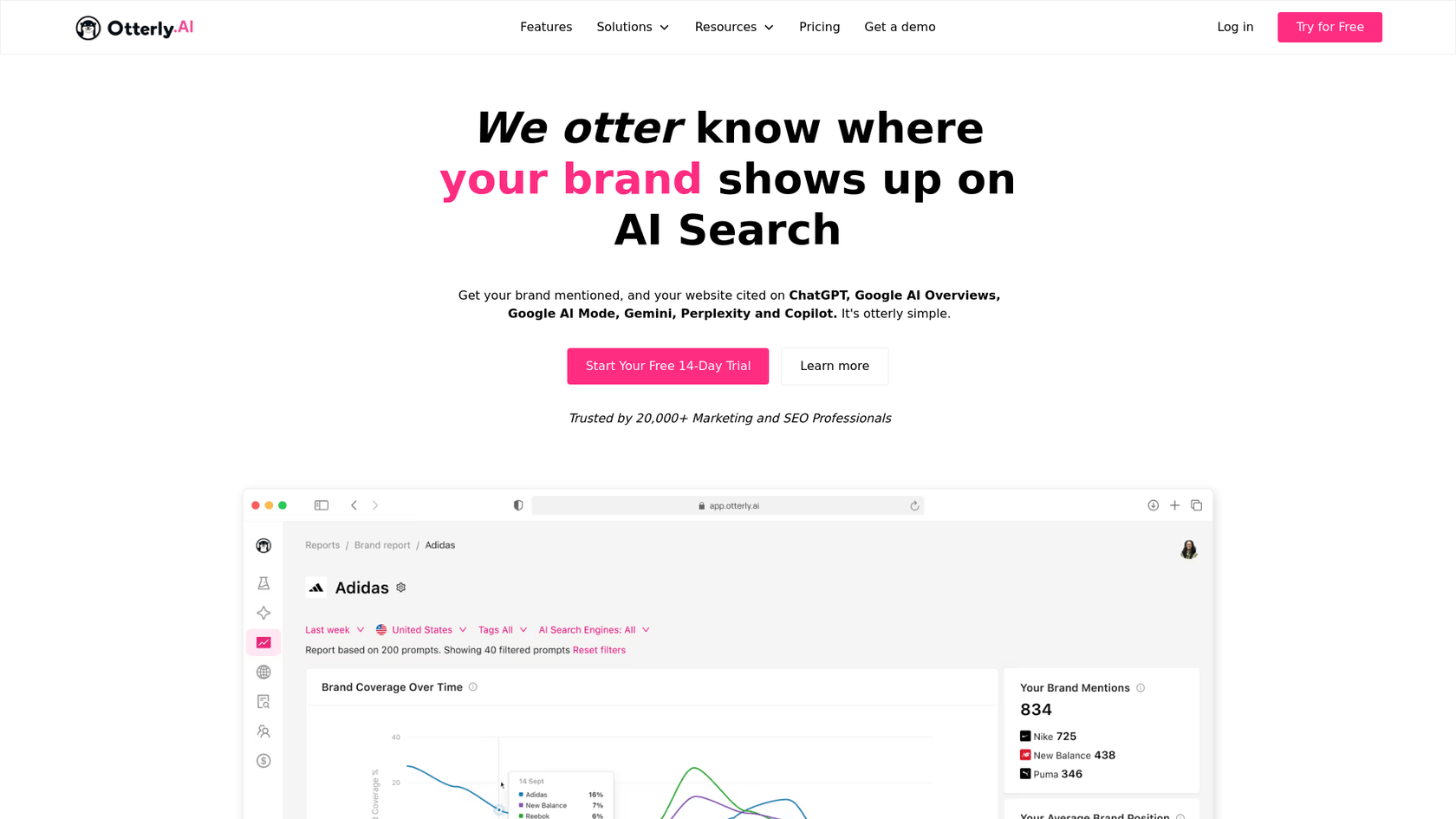 スタートアップ向けの回答エンジン最適化ツールの中で手頃な選択肢である、Otterly.AIのホームページのスクリーンショット。