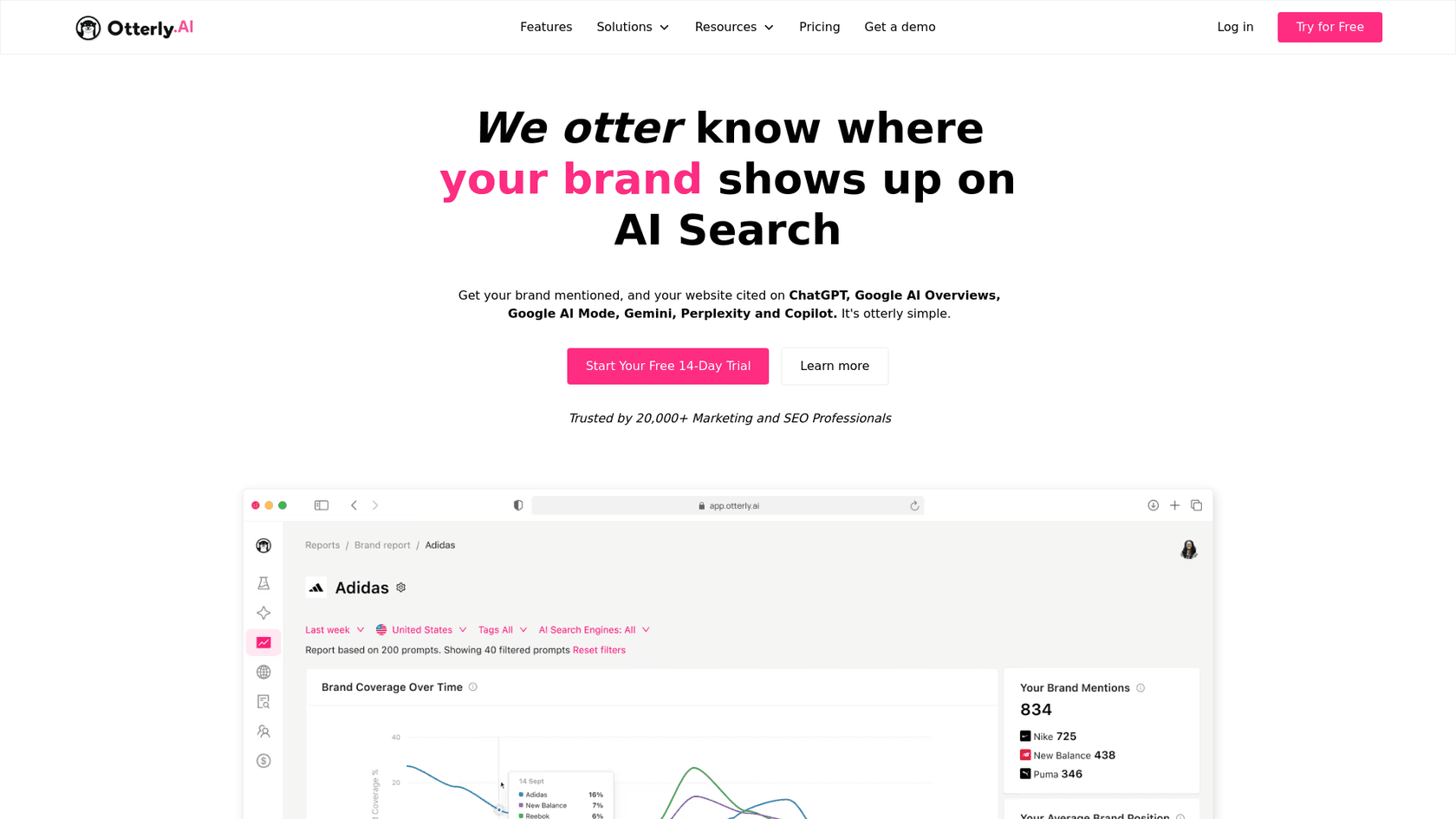 A screenshot of the Otterly AI website homepage, an example of affordable LLM tracking tools for small businesses.