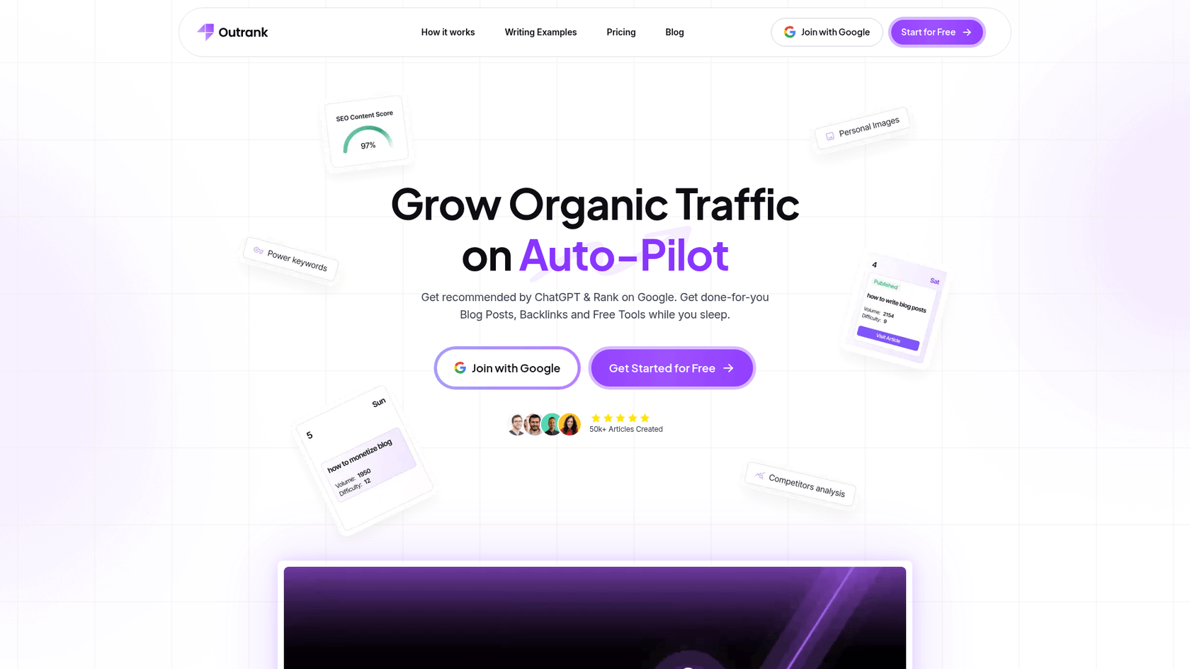Ein Screenshot des Outrank SEO-Editors, der einen Content-Score und Tipps zur Optimierung von Blog-Schreibbeispielen für Suchmaschinen anzeigt.