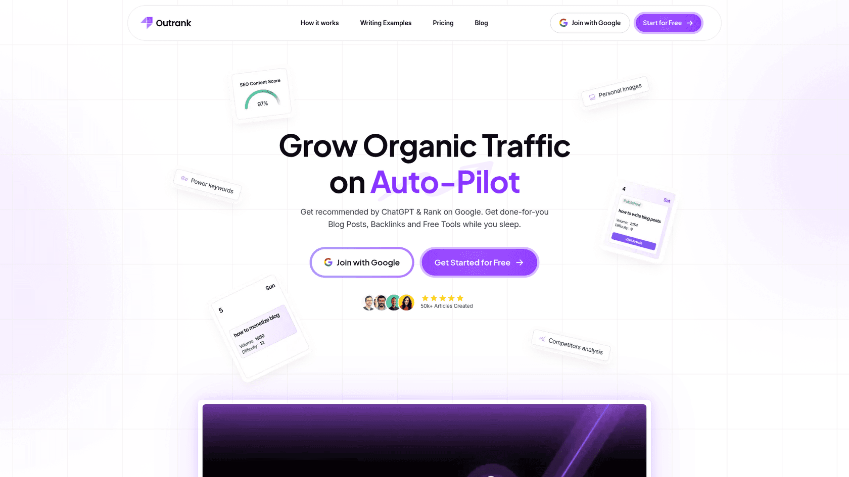 A screenshot of the Outrank SEO editor displaying a content score and tips for optimizing blog writing examples for search engines.
