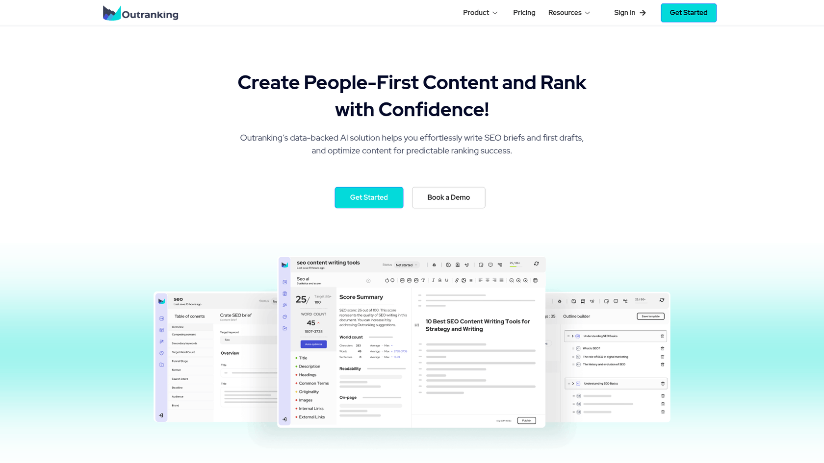 La página de inicio de Outranking.io, una plataforma importante en la comparación entre Jasper AI y Outranking.
