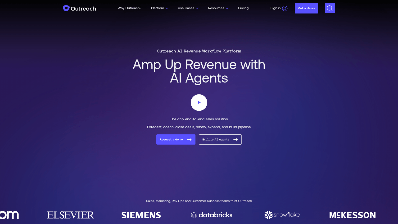 A screenshot of the Outreach.io homepage, a comprehensive platform for AI lead generation content AI and sales engagement.