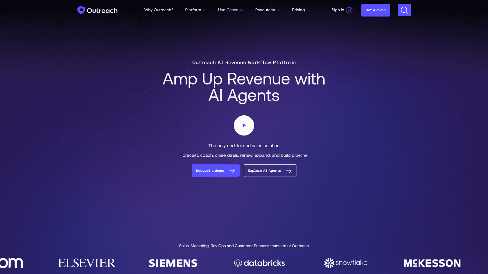 A screenshot of the Outreach.io homepage, a comprehensive platform for AI lead generation content AI and sales engagement.