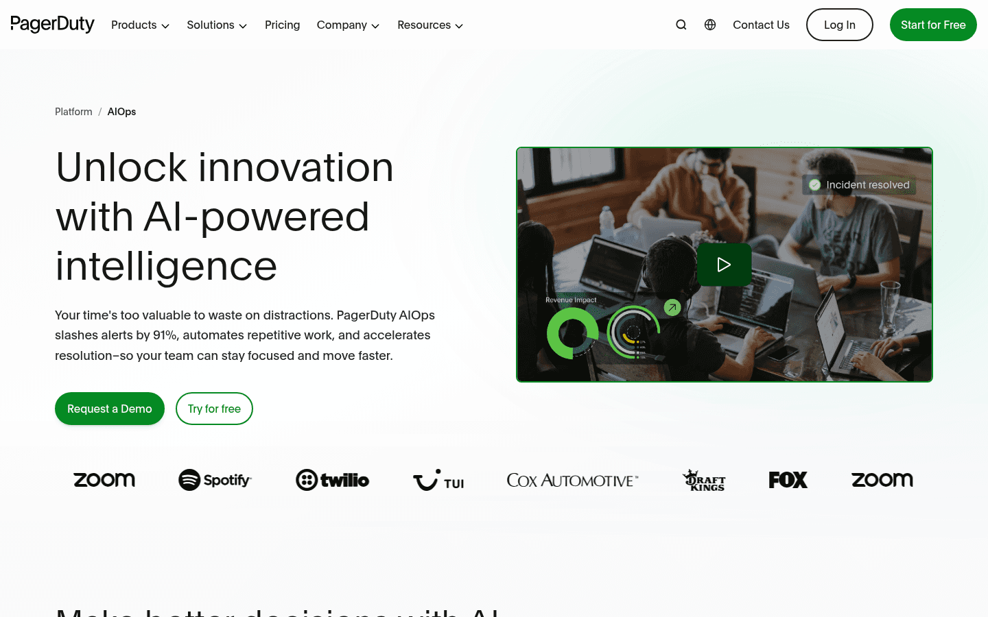 PagerDuty AIOps page showing alert noise reduction, intelligent grouping, and incident triage capabilities