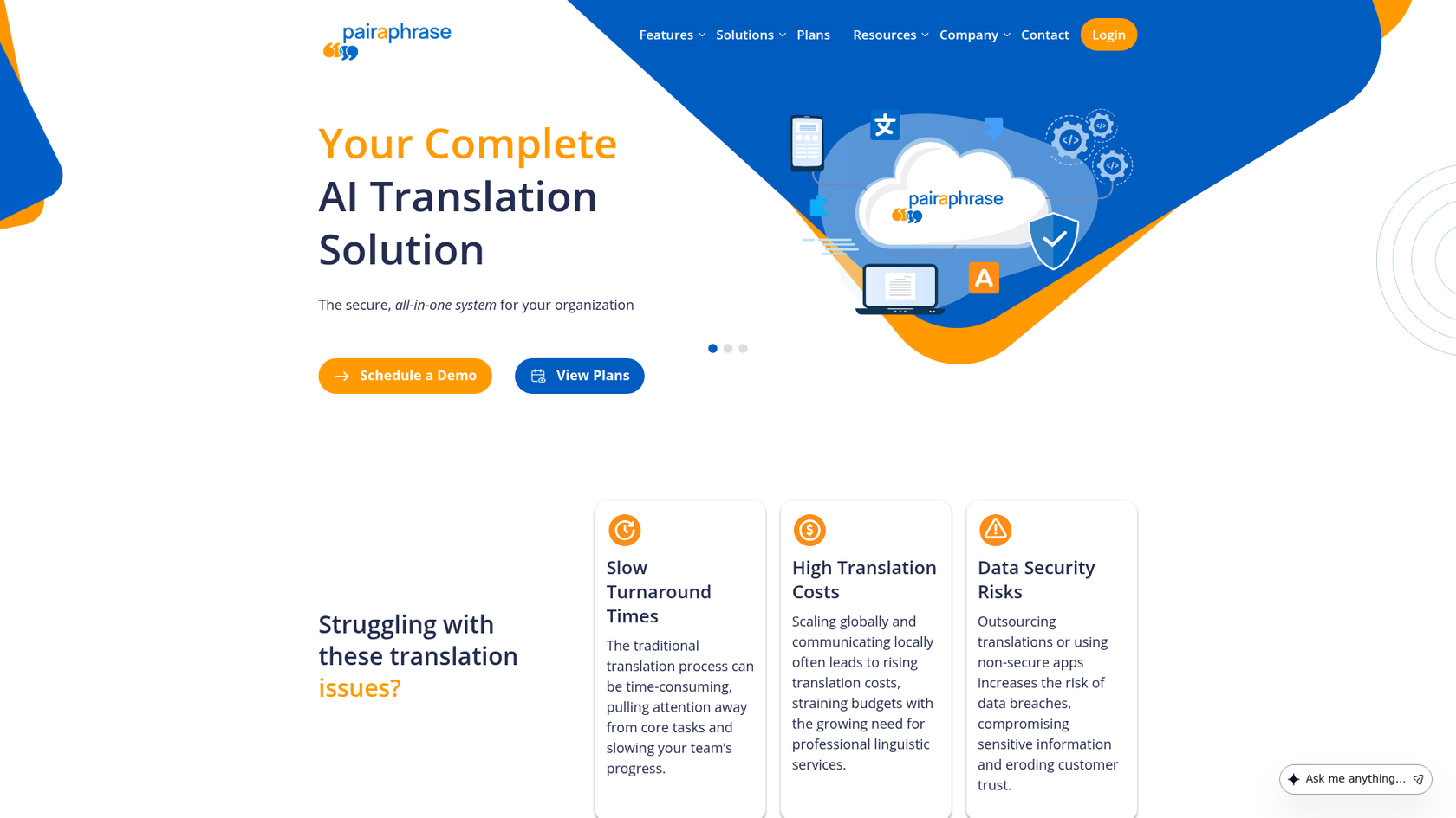 A screenshot of the Pairaphrase website, a translation-focused multilingual AI blog writer.