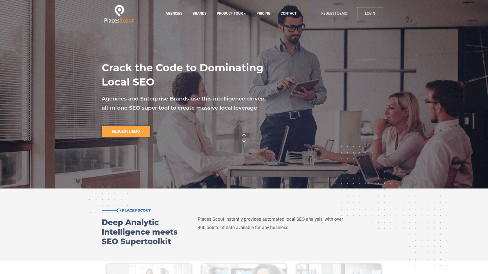 Uma captura de tela da página inicial da Places Scout, uma plataforma com ferramentas de SEO local ricas em dados para agências.