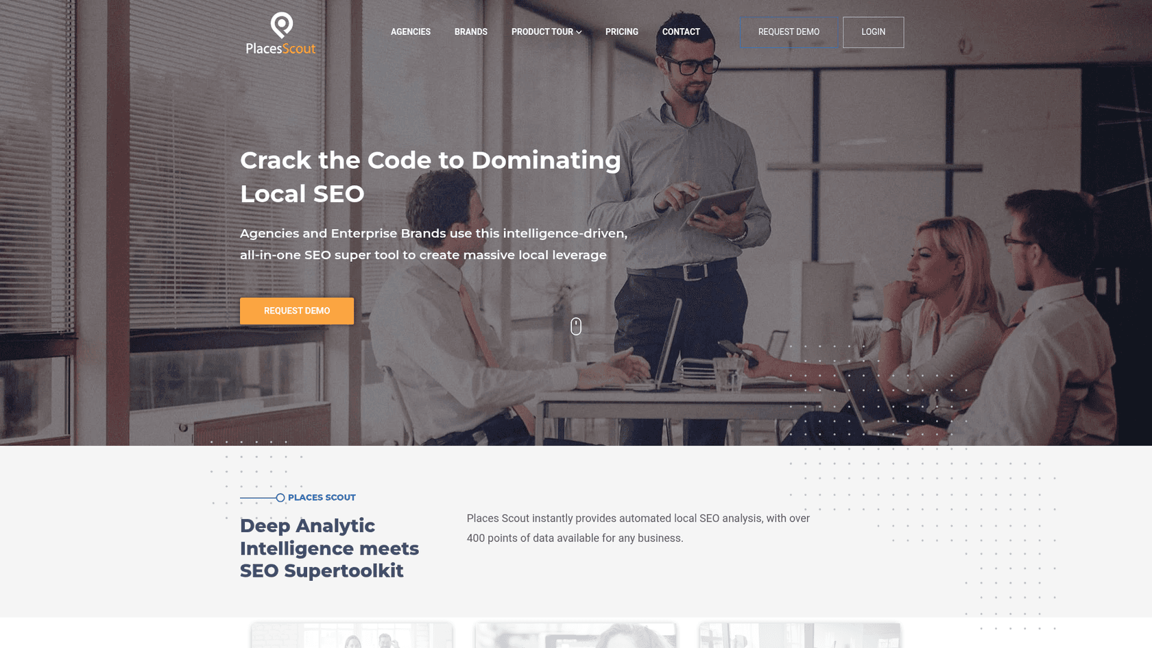 A screenshot of the Places Scout homepage, a platform with data-rich local SEO tools for agencies.