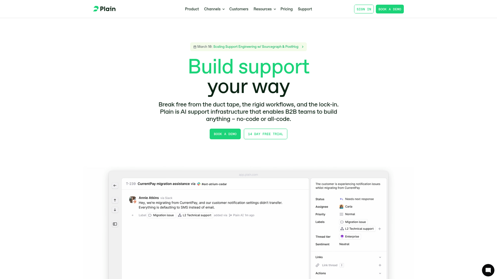 Plain Landingpage für B2B-Support-Plattform