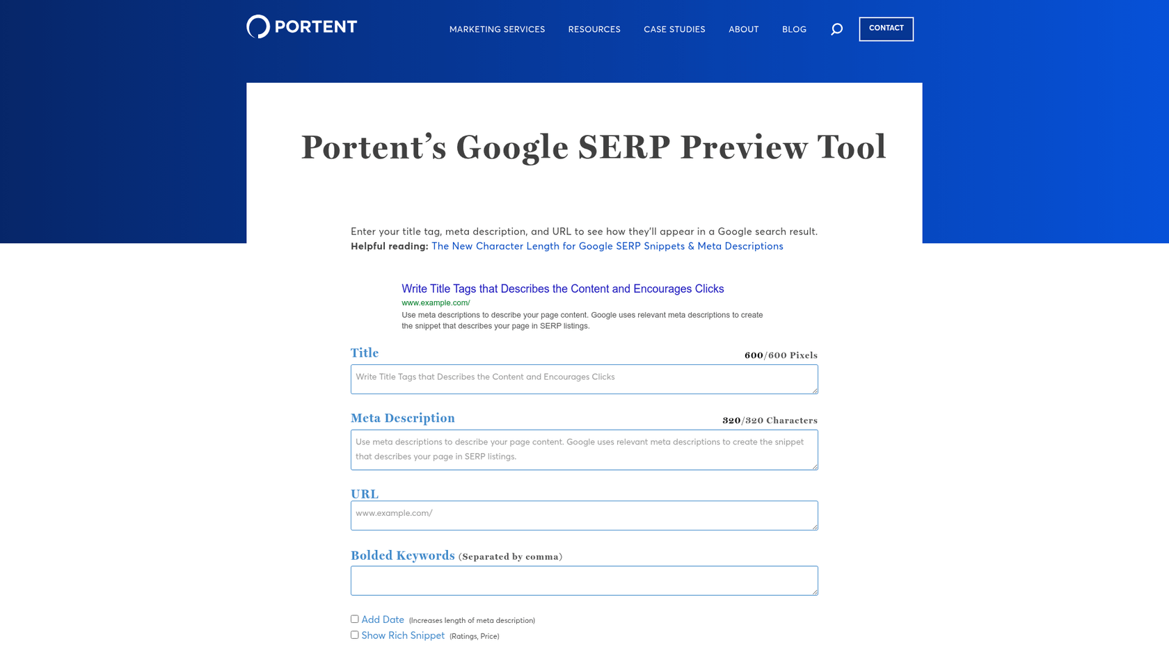A screenshot of Portent's SERP Preview Tool, which shows you how to write blog meta descriptions and see how they look in search results.