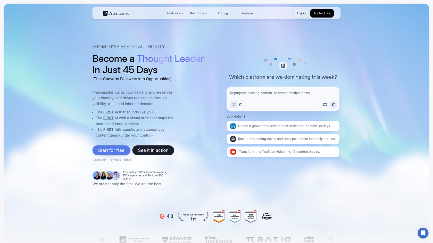 A screenshot of the Pressmaster.ai homepage, an AI content scaling tool focused on PR and thought leadership.