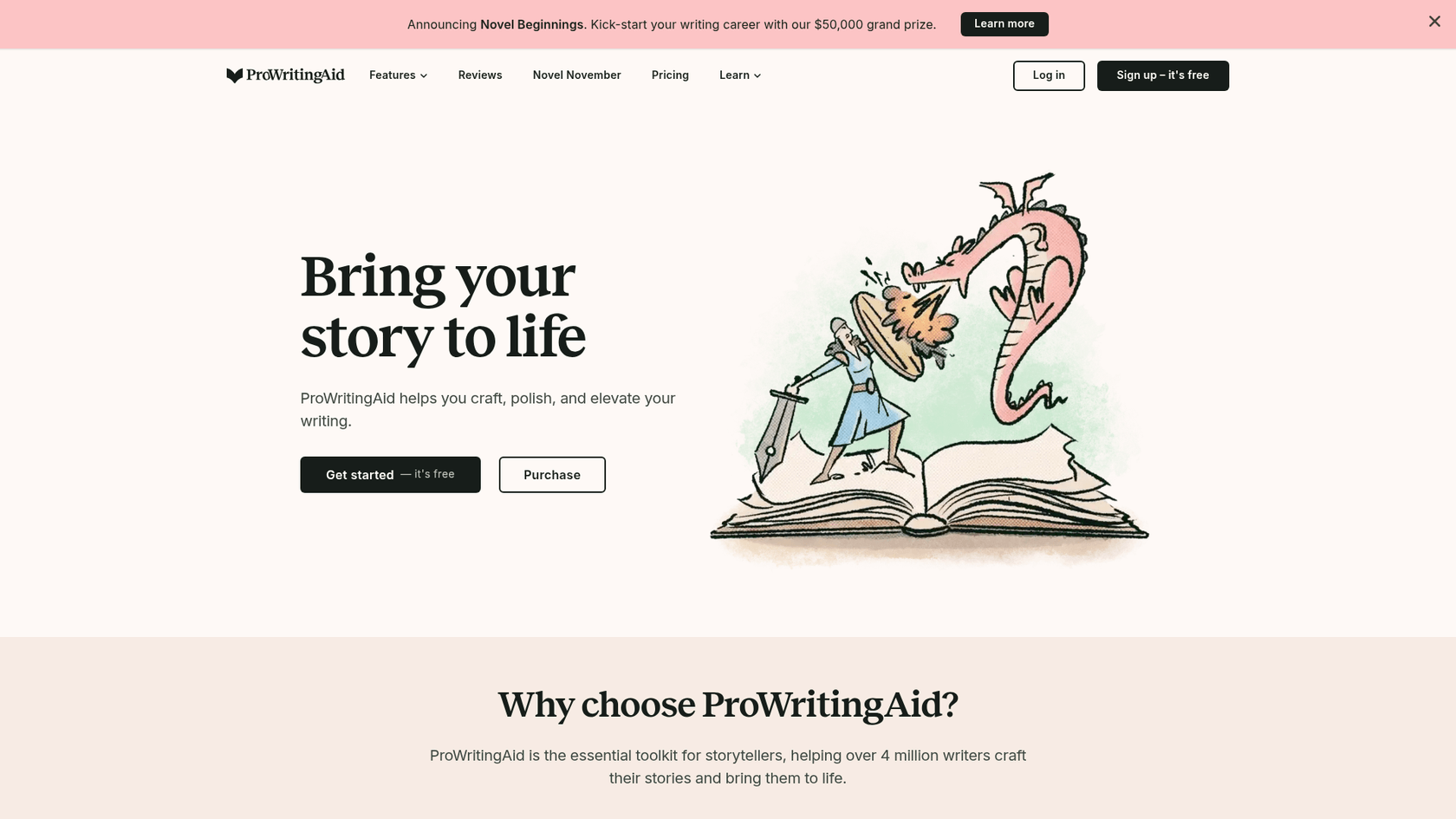 A screenshot of the ProWritingAid website homepage, a popular choice among Grammarly AI alternatives for long-form writers.