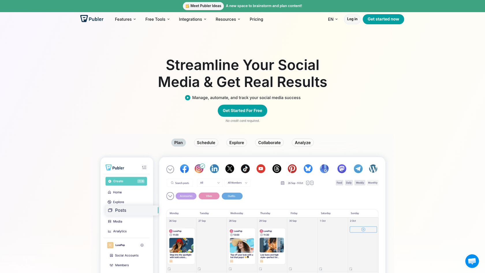 Ein Screenshot der Publer-Homepage, ein Social-First-Tool, das bei der Planung von KI-Blogposts unterstützen kann.