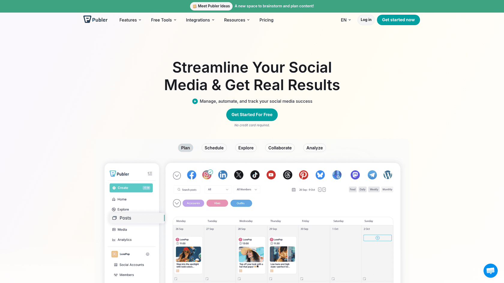 Ein Screenshot der Publer-Homepage, ein Social-First-Tool, das bei der Planung von KI-Blogposts unterstützen kann.