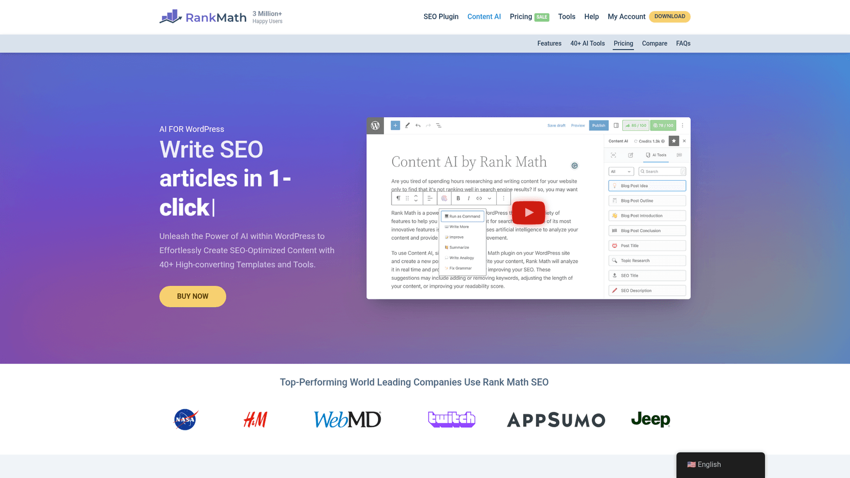 A screenshot of the product page for the Content AI blog writer for WordPress from Rank Math.