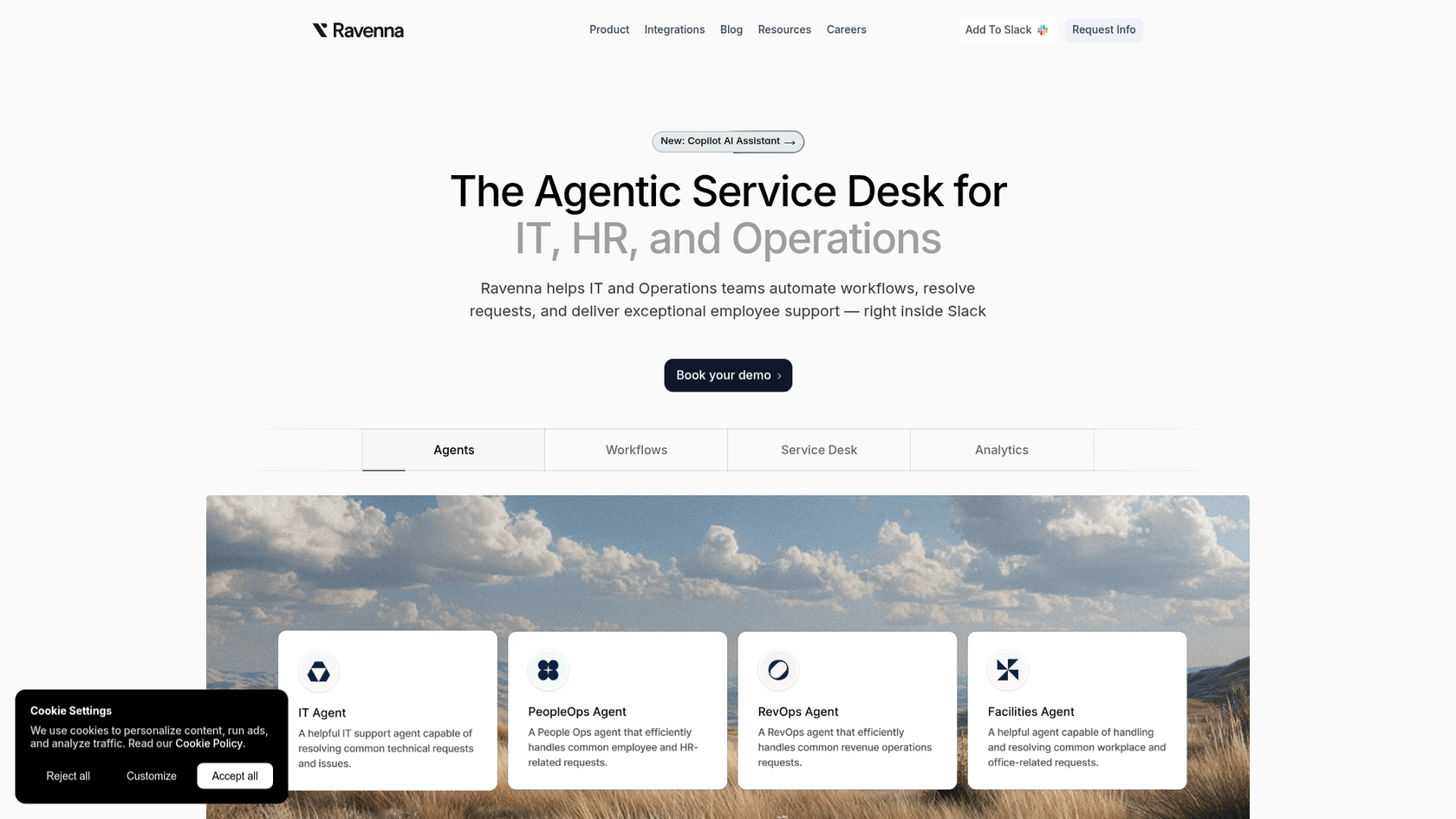 Página inicial do Ravenna com emissão de tickets baseada em emojis e recursos de suporte de TI
