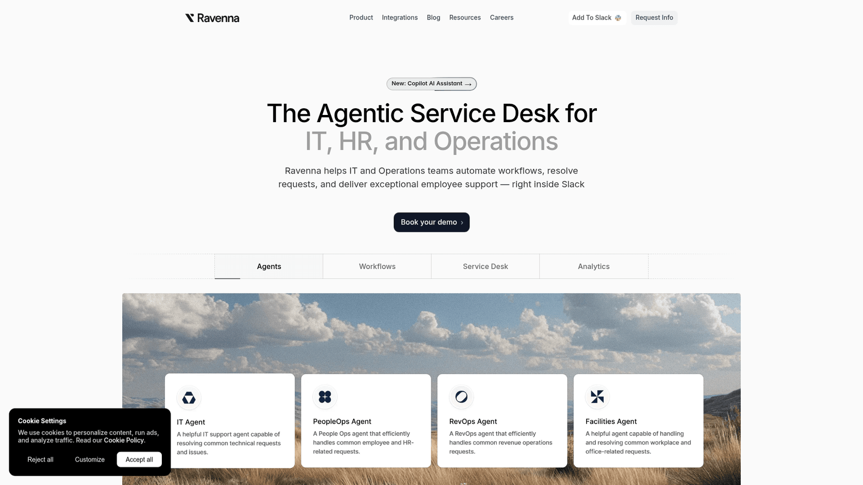 Ravenna landing page with emoji-based ticketing and IT support features