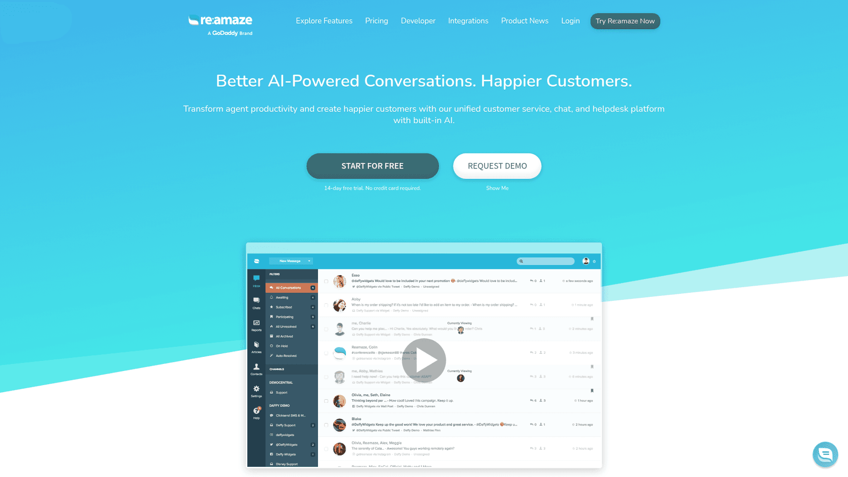 Re:amaze landing page showcasing multichannel customer messaging for e-commerce