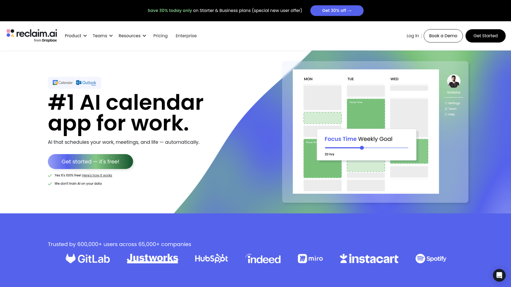 Una captura de pantalla de la página de inicio del sitio web de Reclaim.ai, una herramienta de productividad que ofrece programas de afiliados de IA.