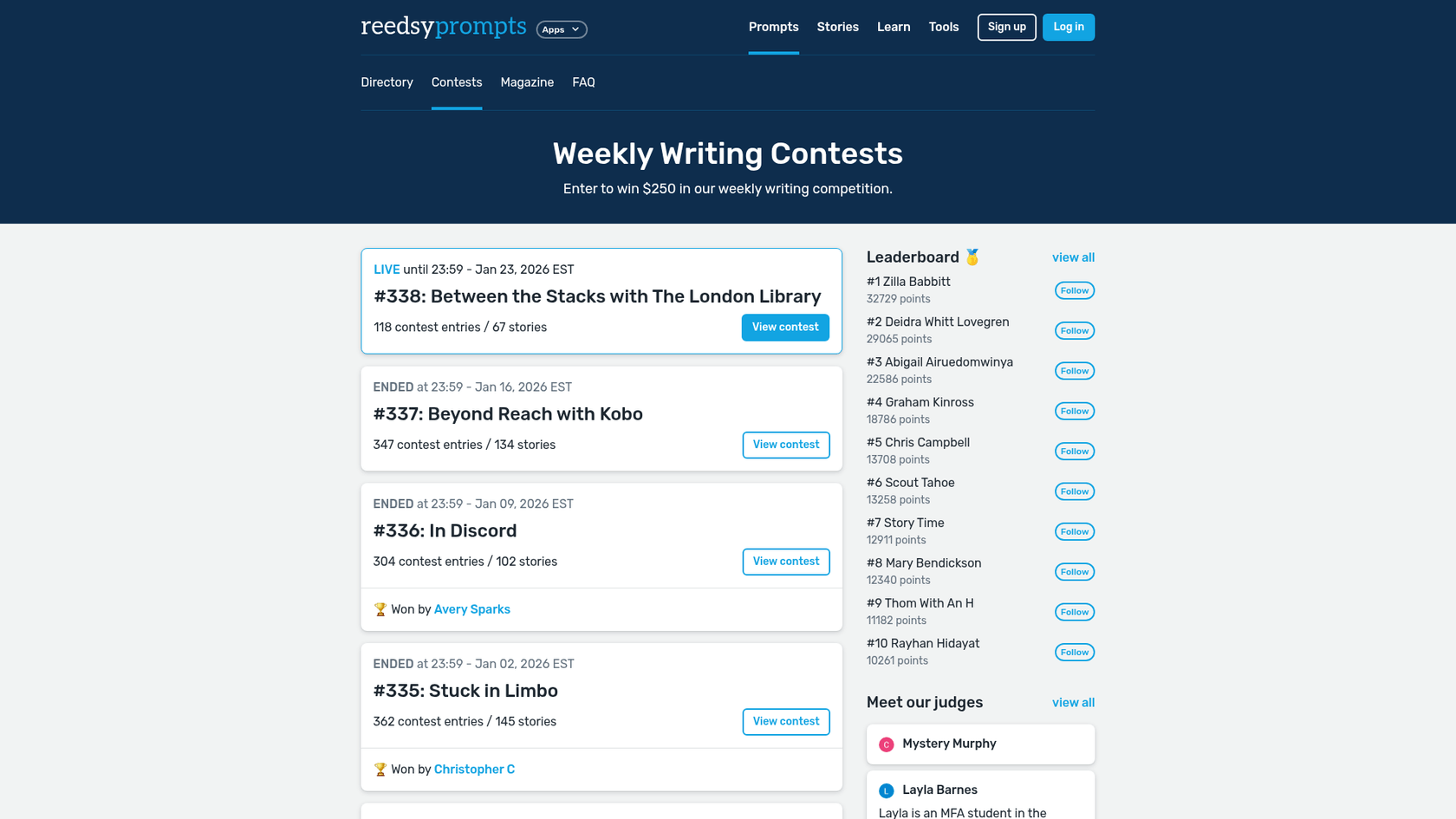 A screenshot of the Reedsy weekly prompt contest landing page, a platform for blog writing challenges.