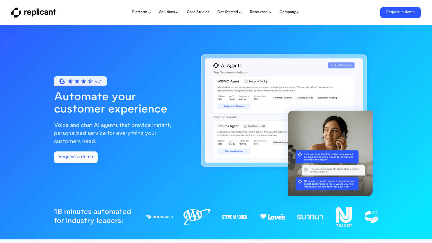 Replicant landing page showcasing voice and chat automation