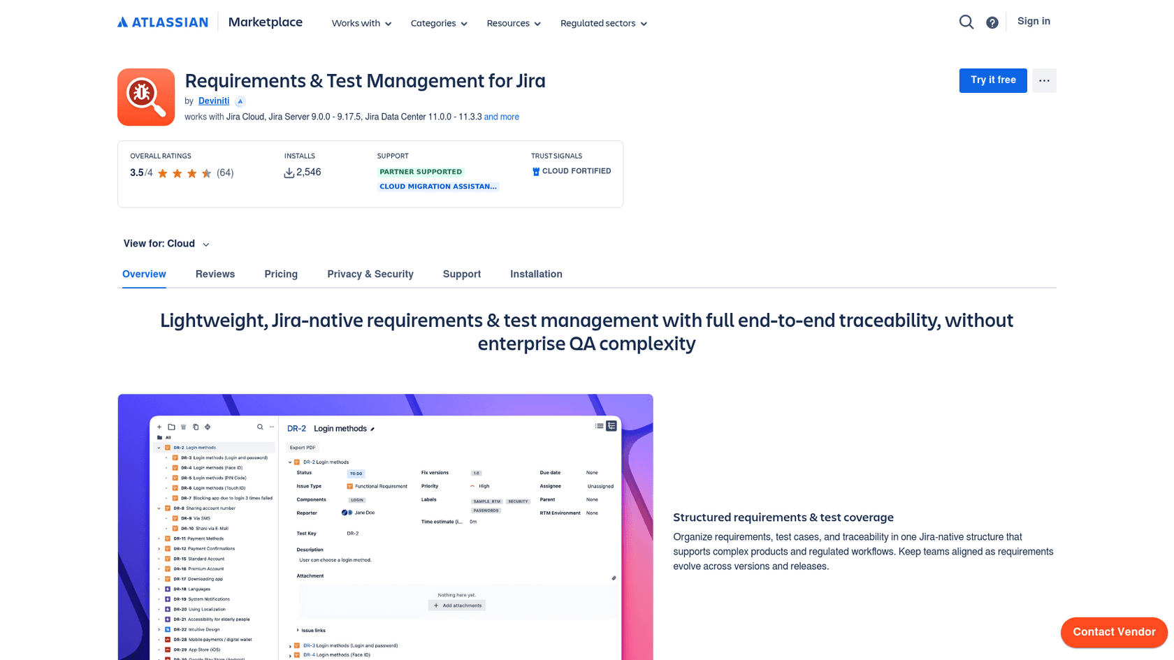 RTM marketplace listing showing AI test case generation features