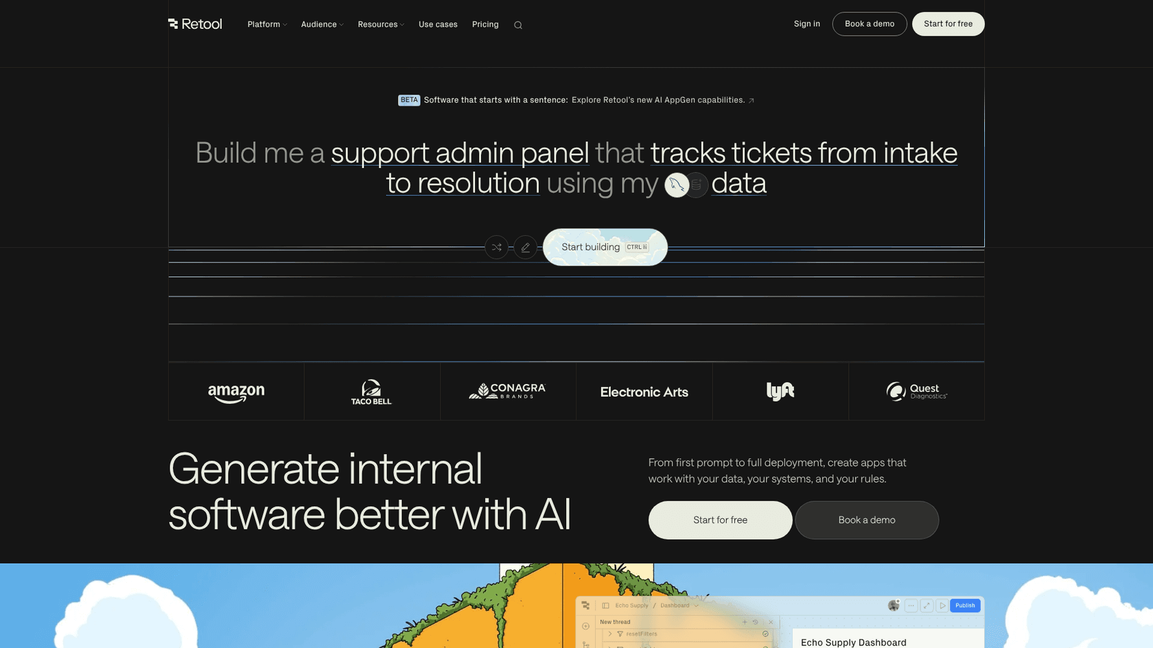 Ein Screenshot der Retool-Homepage, eine leistungsstarke Plattform für Entwickler, die nach OpenClaw AI-Alternativen suchen.