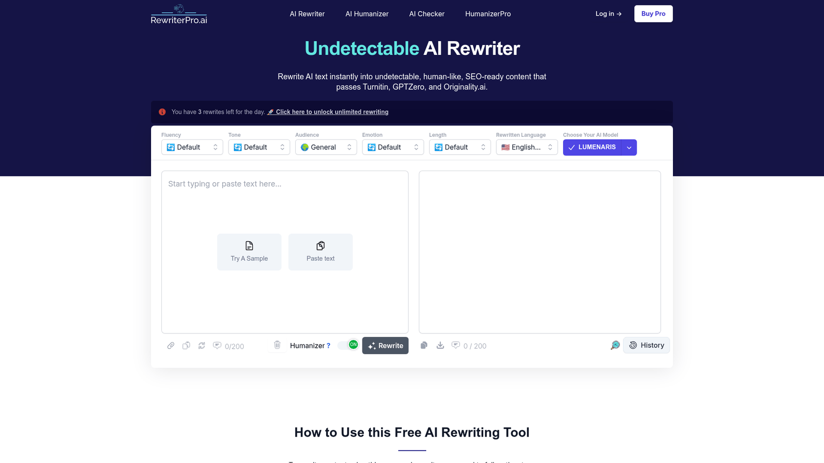 検出不可能なコンテンツを作成するように設計されたAIリライター、RewriterPro.aiのウェブサイトのスクリーンショット。