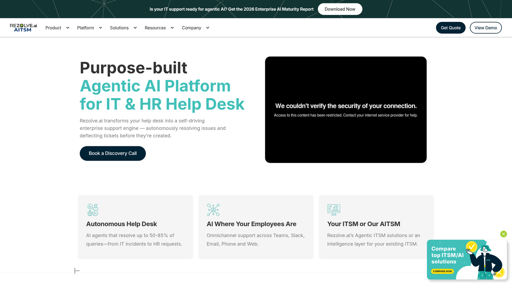 Rezolve.aiエンタープライズAIヘルプデスクプラットフォームのランディングページ