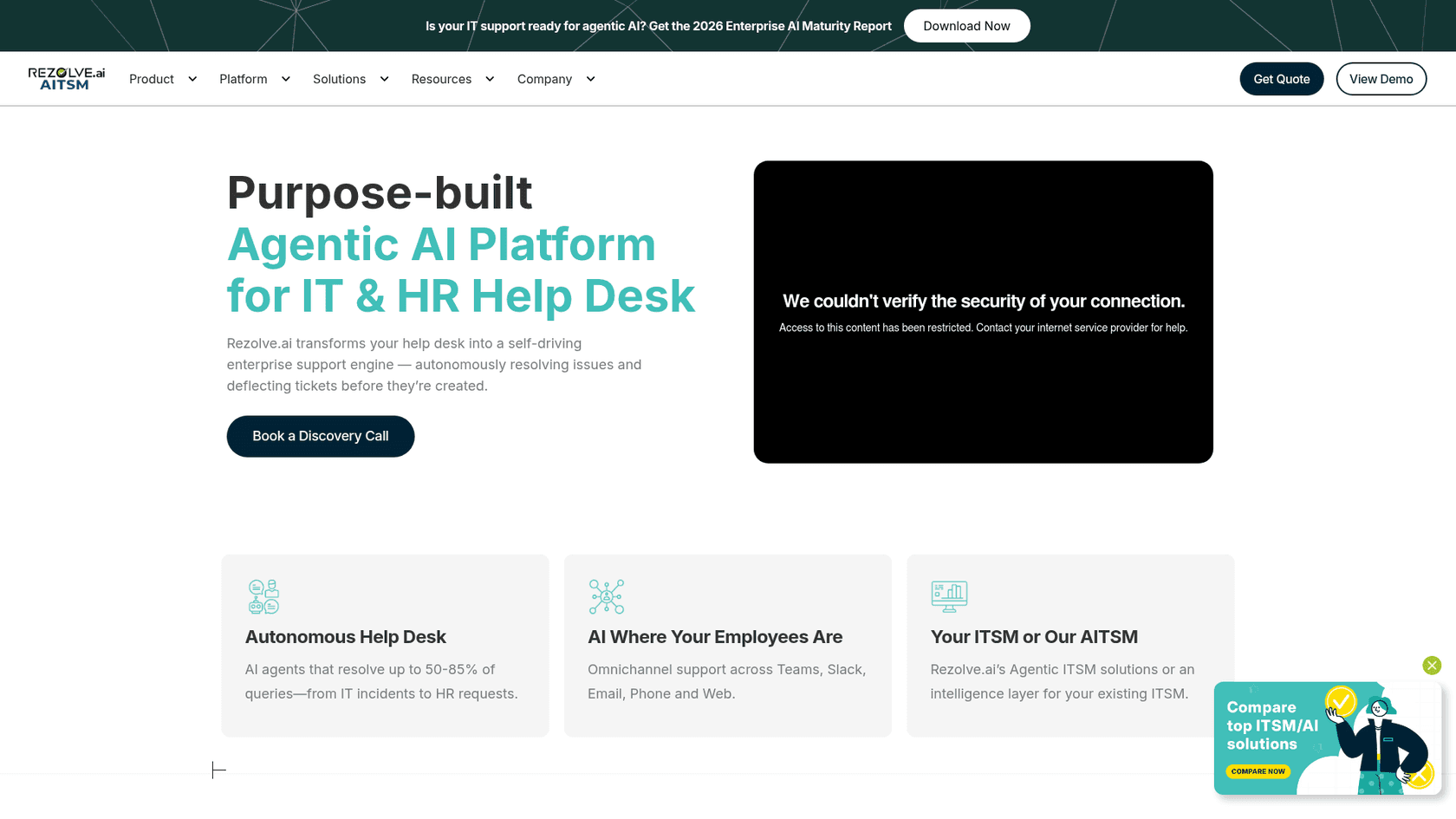 Rezolve.ai enterprise AI helpdesk platform landing page