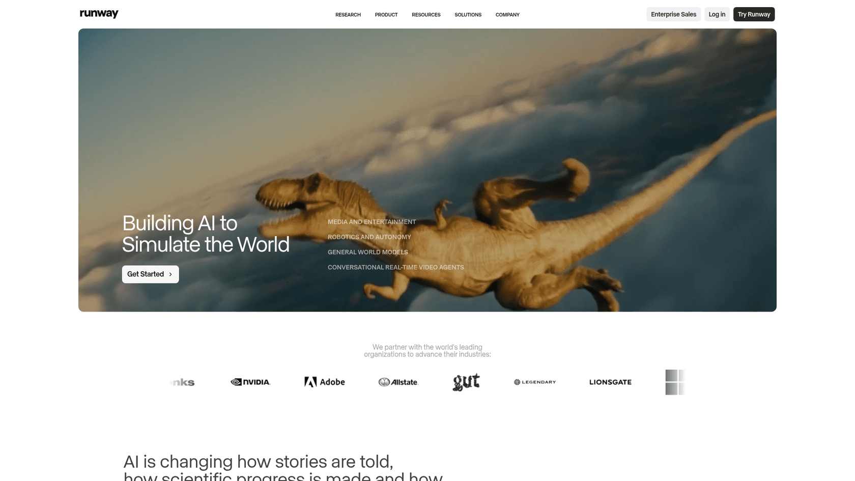 A screenshot of Runway AI's landing page.