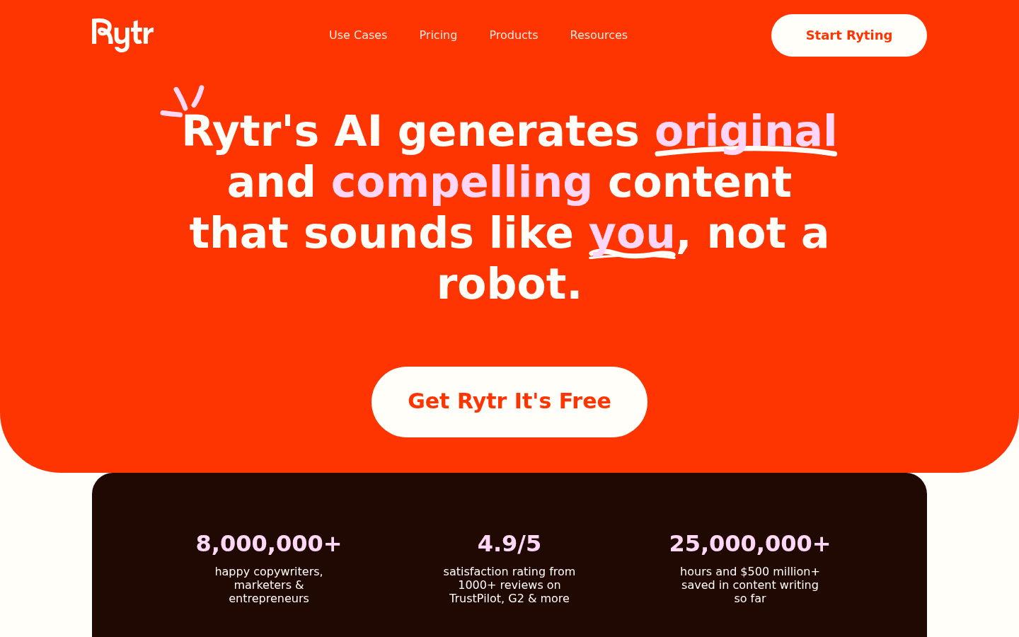 Rytr homepage - free AI writing tool with tone-of-voice matching