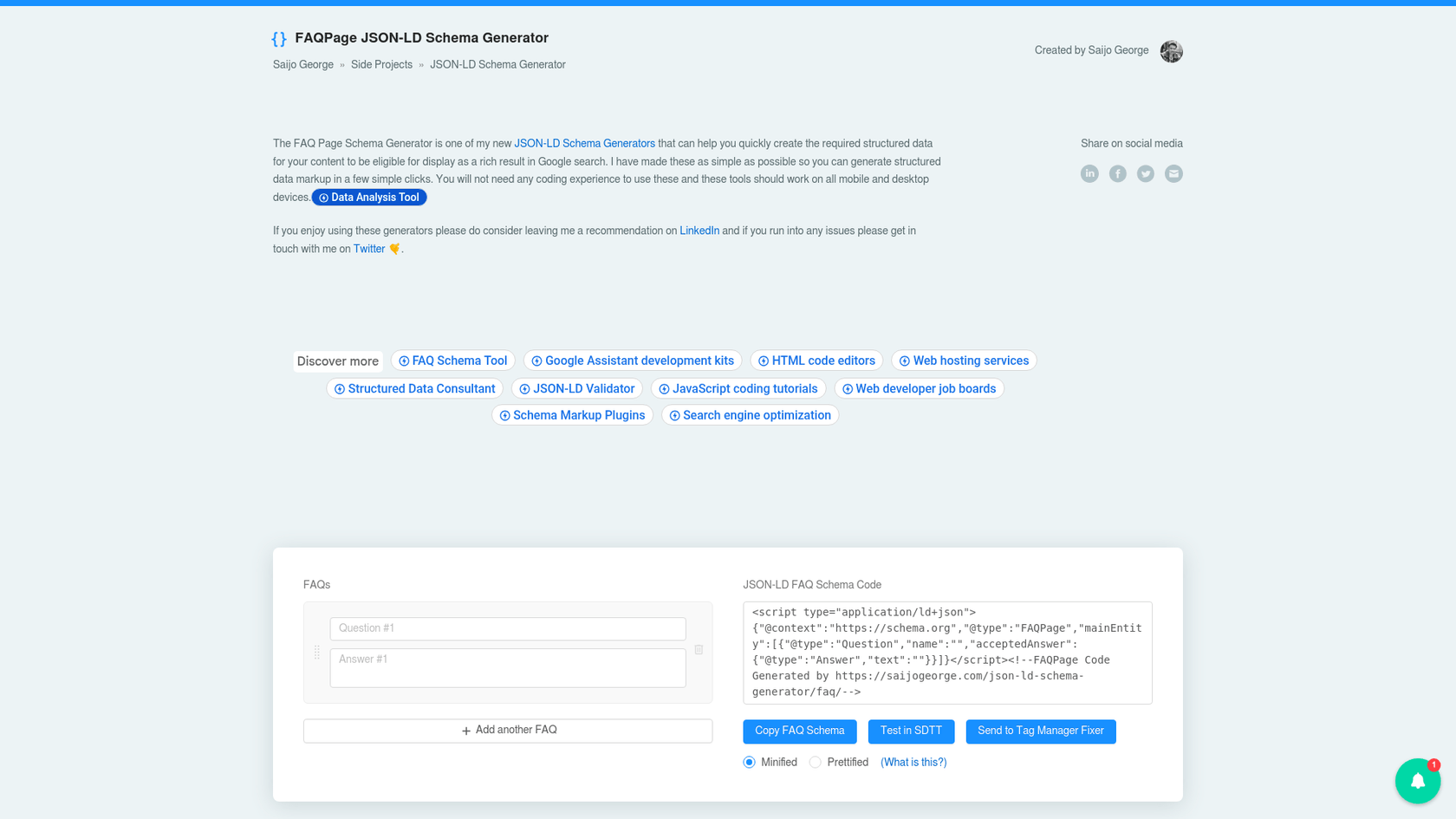 Die Benutzeroberfläche von Saijo Georges kostenlosem FAQ-Schema-Generator-Tool.