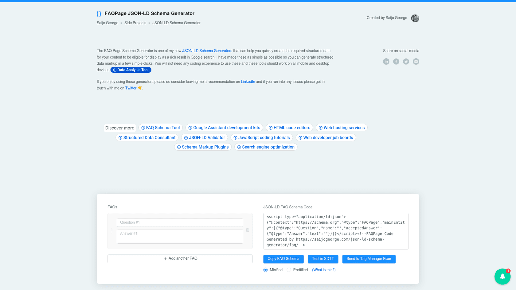 L'interface utilisateur de l'outil gratuit de génération de schéma FAQ de Saijo George.