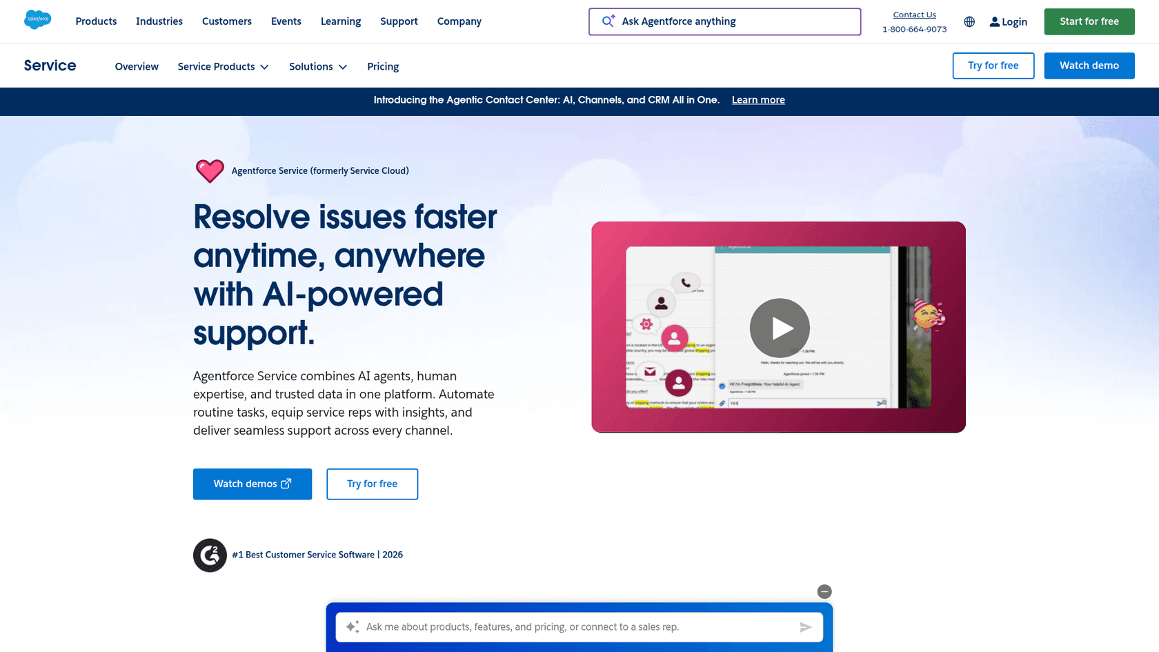 Salesforce Service Cloud landing page showing AI-powered customer service
