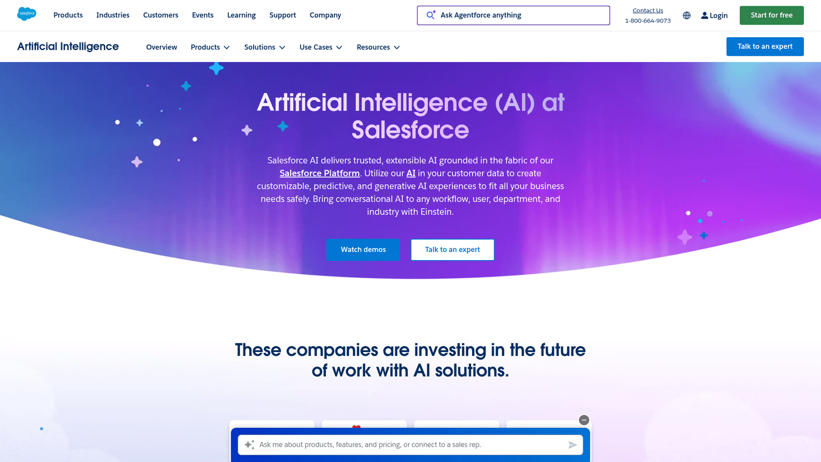 Una captura de pantalla de la página de destino de Salesforce Einstein, que detalla sus funciones para el marketing impulsado por IA dentro de un CRM.