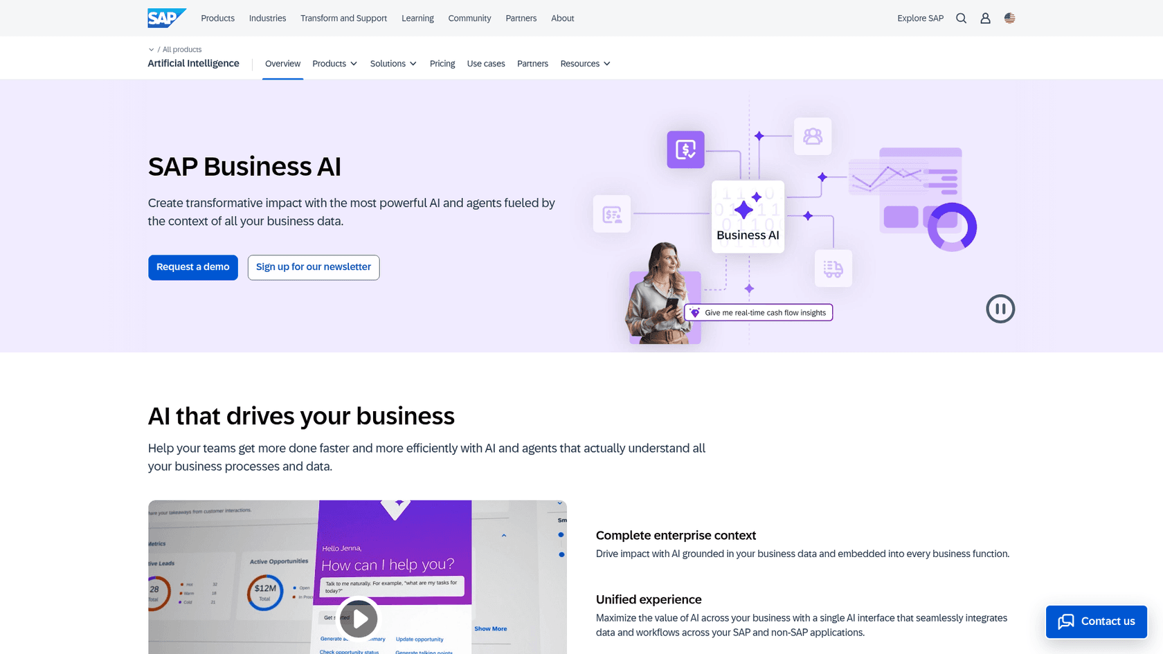 Une capture d'écran de la page d'accueil de SAP Business AI, montrant ses solutions axées sur l'entreprise.