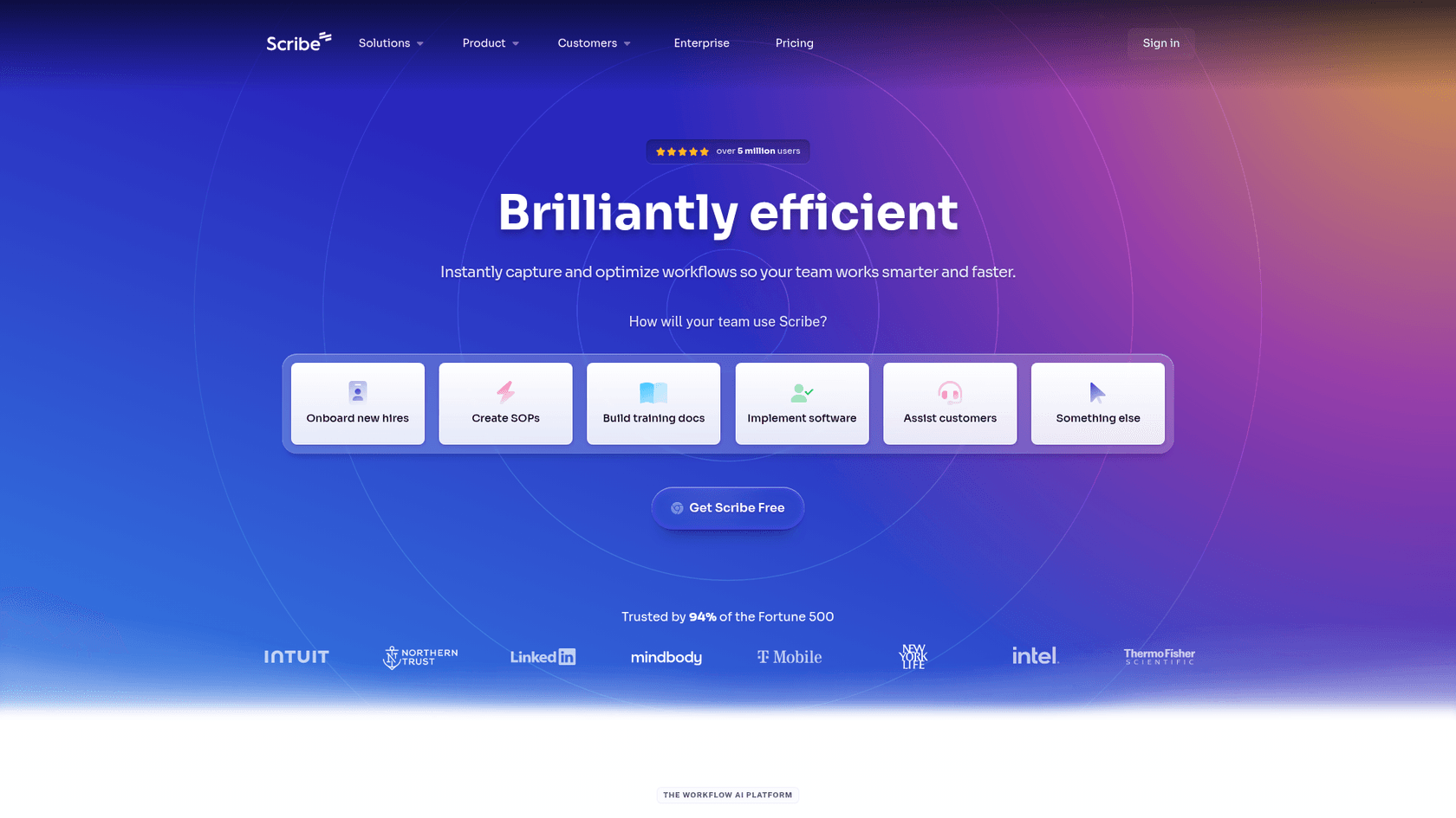 A screenshot of the Scribe website's main landing page, a platform for how to create AI how-to guides.