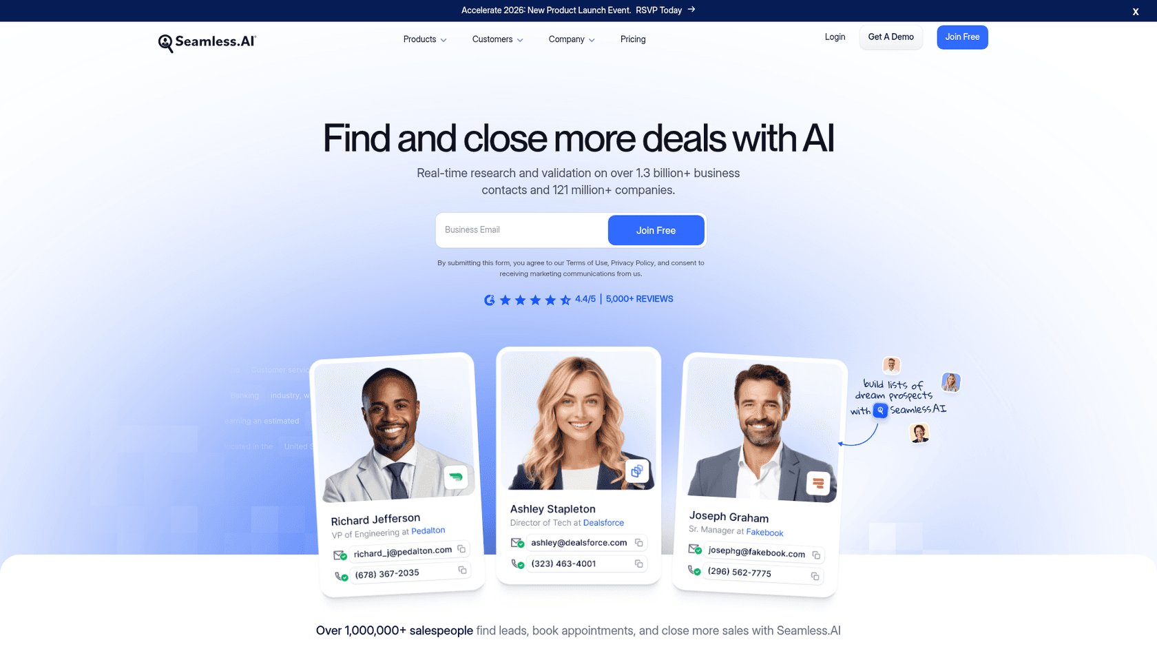 A screenshot of the Seamless.AI homepage, a tool used for AI lead generation content AI strategies.